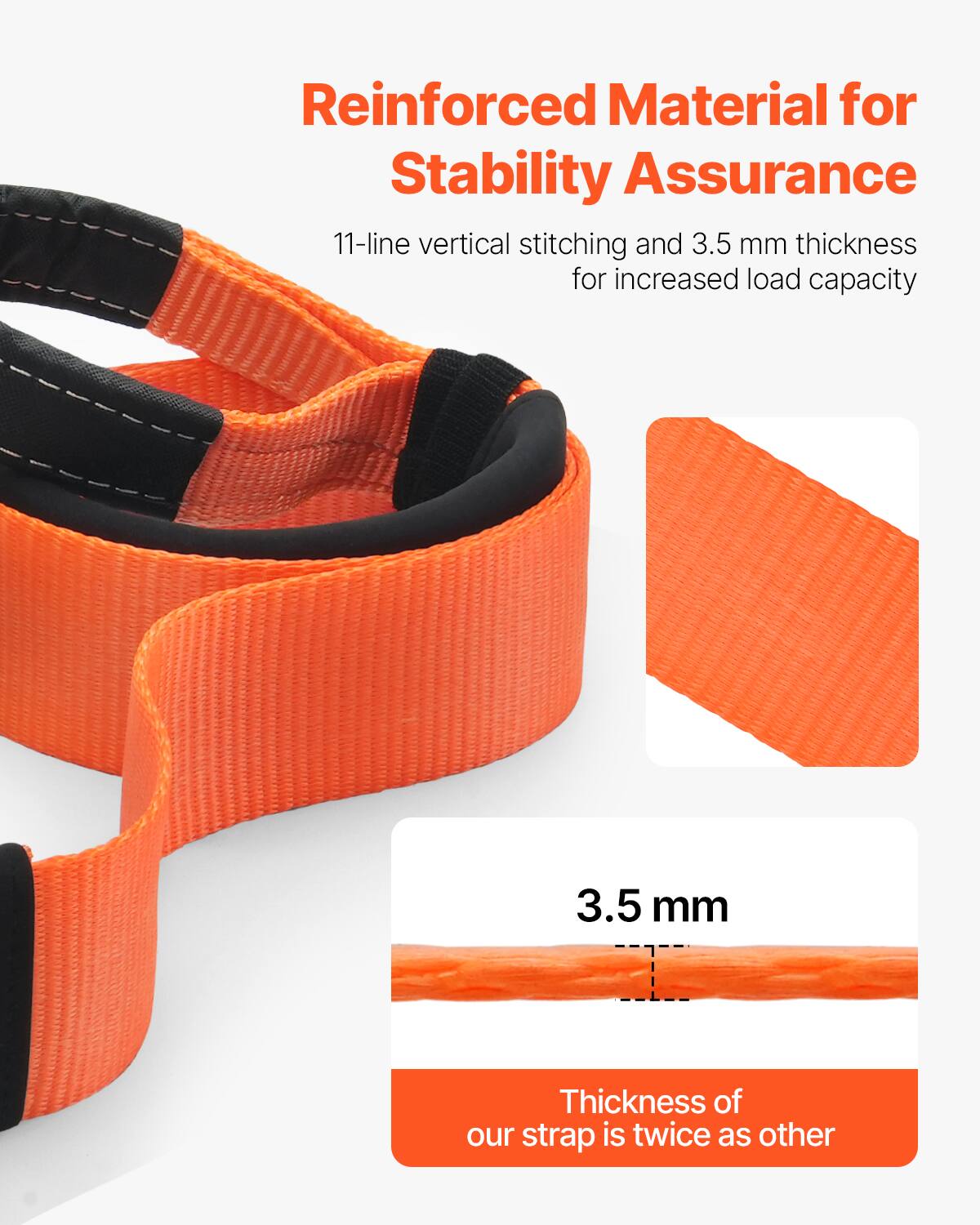 Reinforced Material for Stability Assurance

11-line vertical stitching and 3.5 mm thickness for increased load capacity

3.5 mm

Thickness of our strap is twice as other