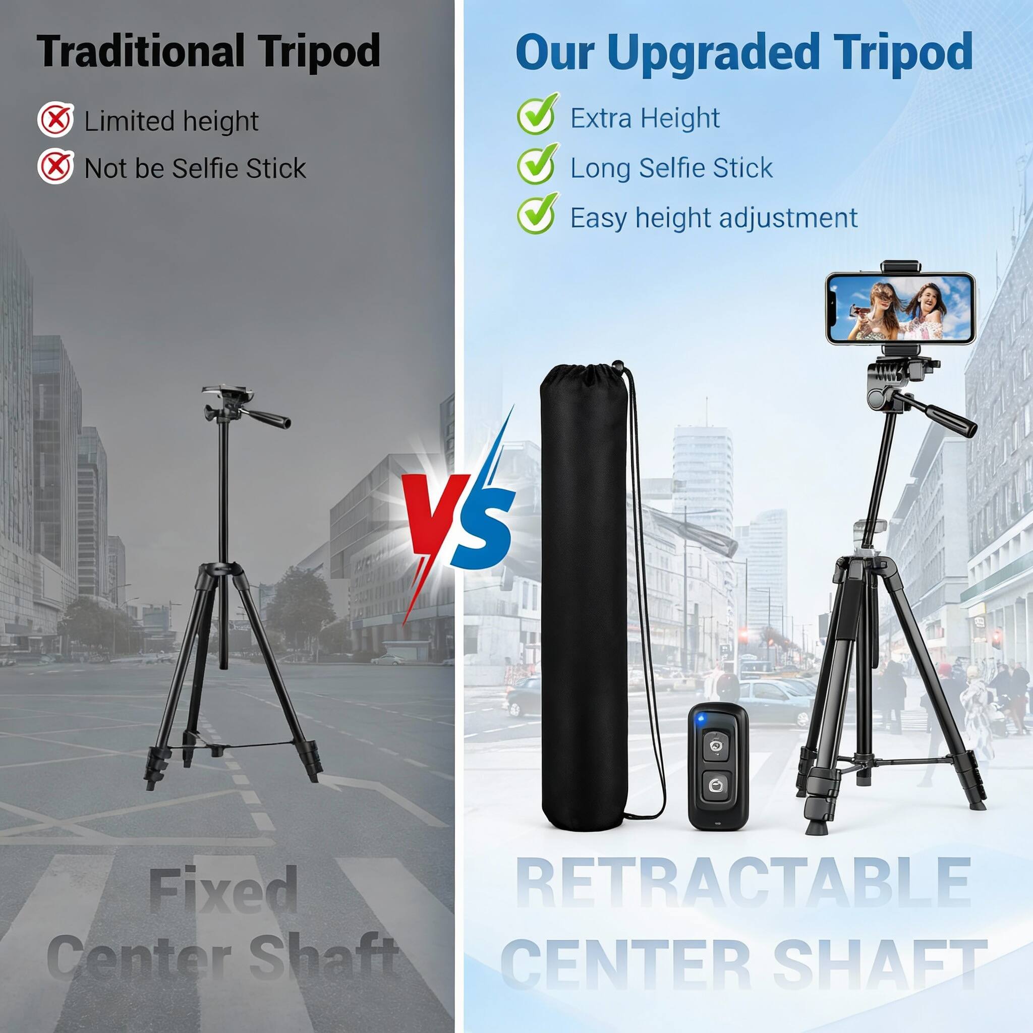 Traditional Tripod  
- Limited height  
- Not be Selfie Stick  

Our Upgraded Tripod  
- Extra Height  
- Long Selfie Stick  
- Easy height adjustment  

Fixed Center Shaft  
RETRACTABLE CENTER SHAFT
