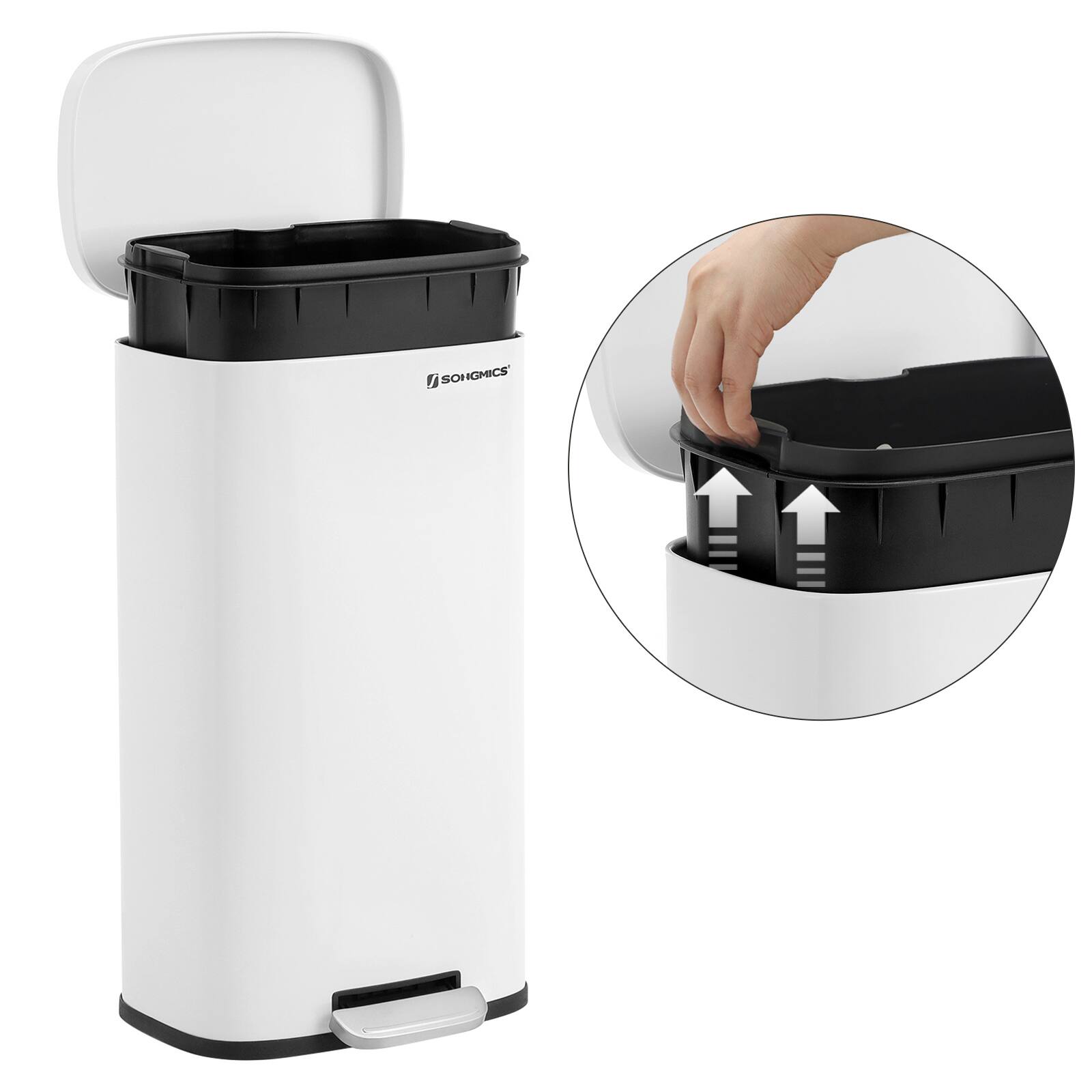 Alt View 1. Songmics Home - Trash Can with Lid, 8 Gallon Garbage Can, Stainless Steel Small Waste Bin with Step Pedal and Inner Bucket, Soft Close - White.