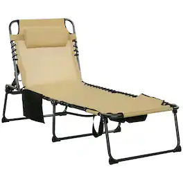 Outsunny - Chaise Tanning Lounge Chair w/ 5-level Reclining Back, Reading Hole, Side Pocket - Beige
