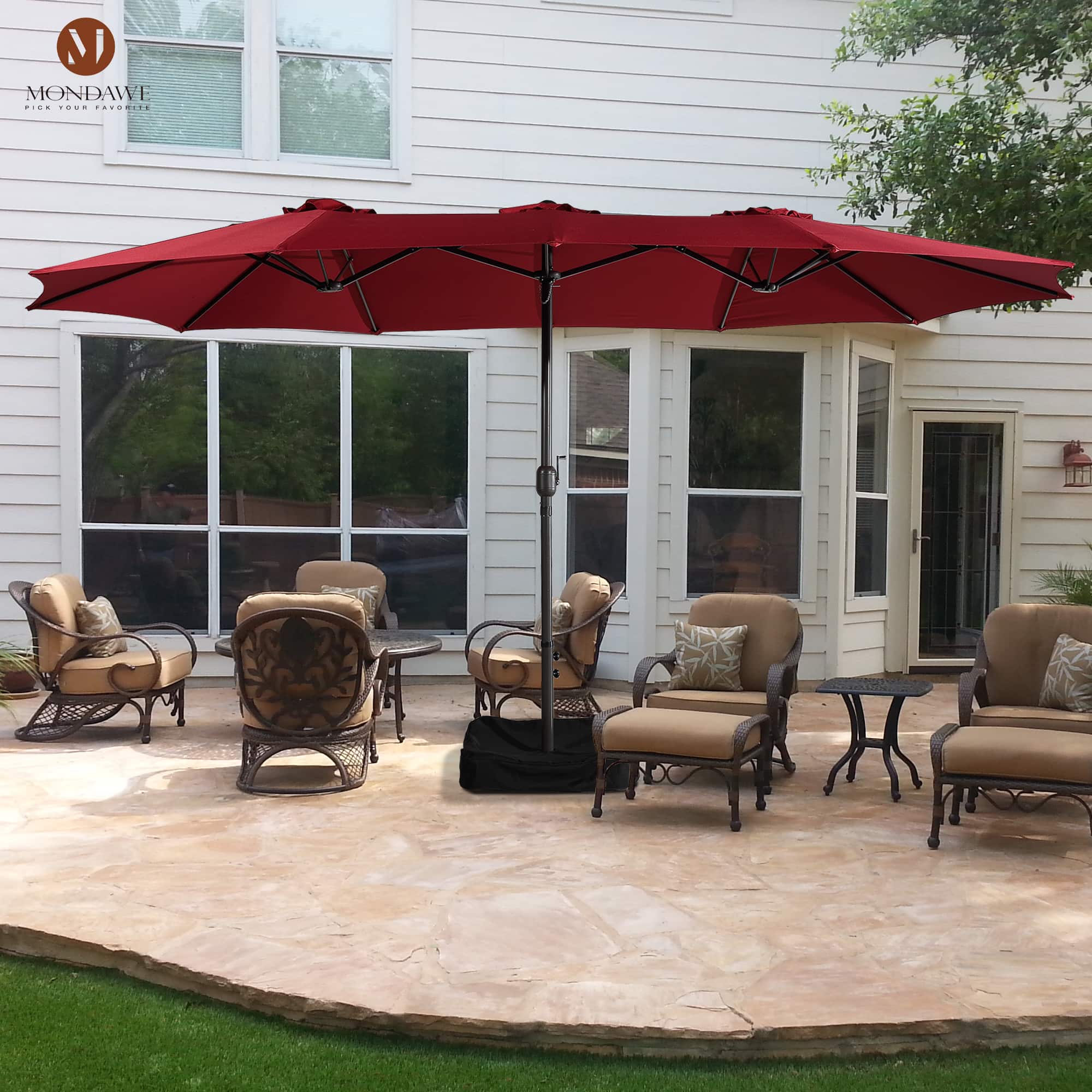 Mondawe - 15ft Patio Maket Umbrella Double-Sided Umbrella with base - Red