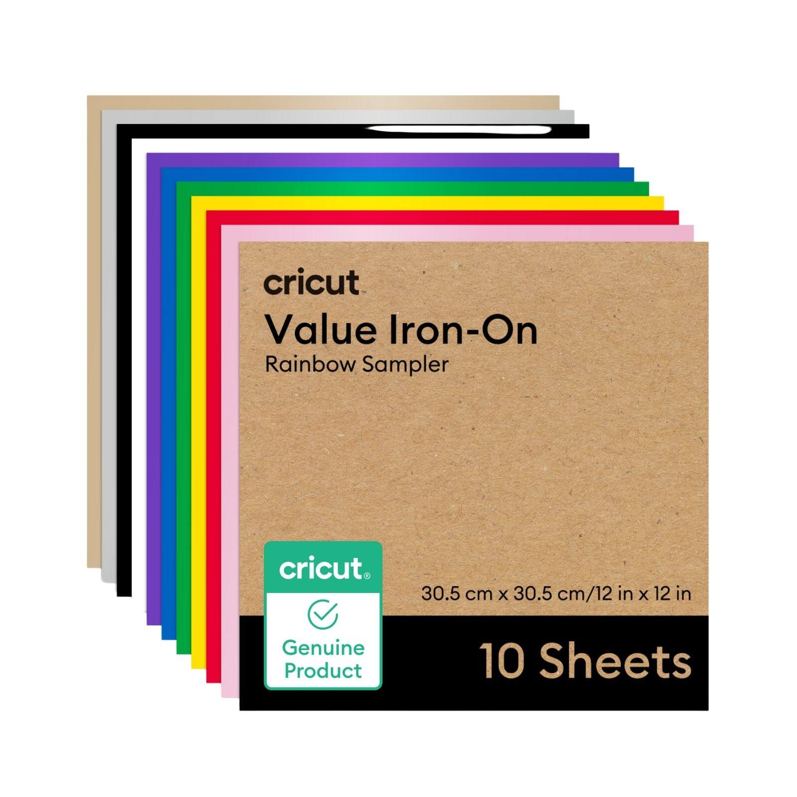 cricut Value Iron-On Rainbow Sampler  
30.5 cm x 30.5 cm / 12 in x 12 in  
10 Sheets  
Genuine Product