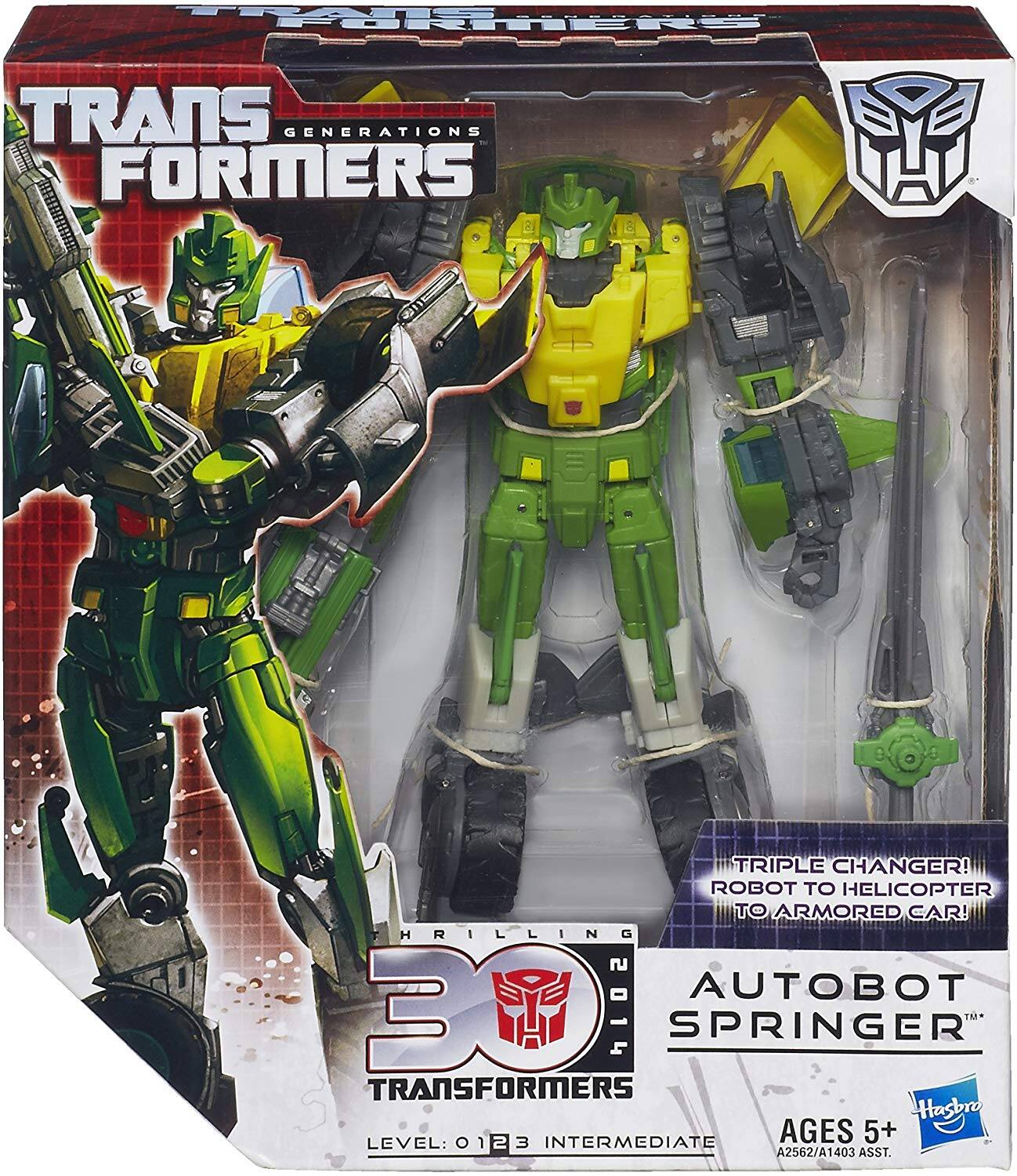 TRANSFORMERS  
GENERATIONS  

TRIPLE CHANGER!  
ROBOT TO HELICOPTER TO ARMORED CAR!  

THRILLING  
3D  
2014  

SPRINGER  
AUTOBOT  

LEVEL: 01  
INTERMEDIATE  
AGES 5+  

A2562/A1403 ASST.  

Hasbro