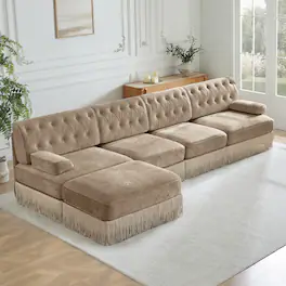 Anysun - 135" L-Shape Pet-Friendly Velvet Sofa - Chesterfield Style, Tassel Skirt, Curved Armrests, Free Combo for Living Room - Camel