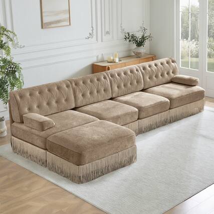 Front. Anysun - 135" L-Shape Pet-Friendly Velvet Sofa - Chesterfield Style, Tassel Skirt, Curved Armrests, Free Combo for Living Room - Camel.