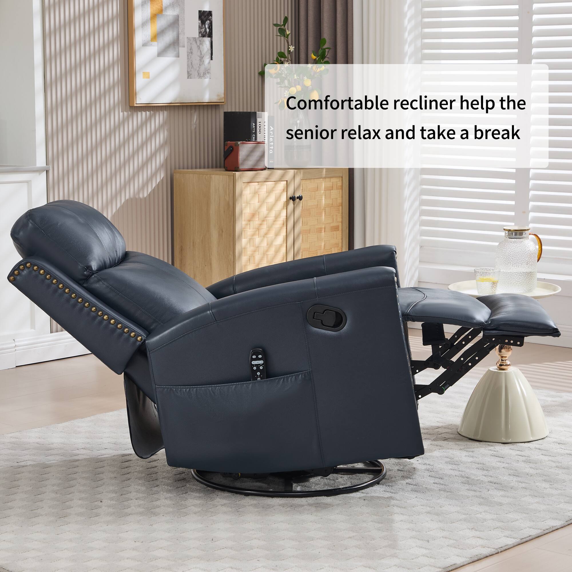 Comfortable recliner helps the senior relax and take a break.