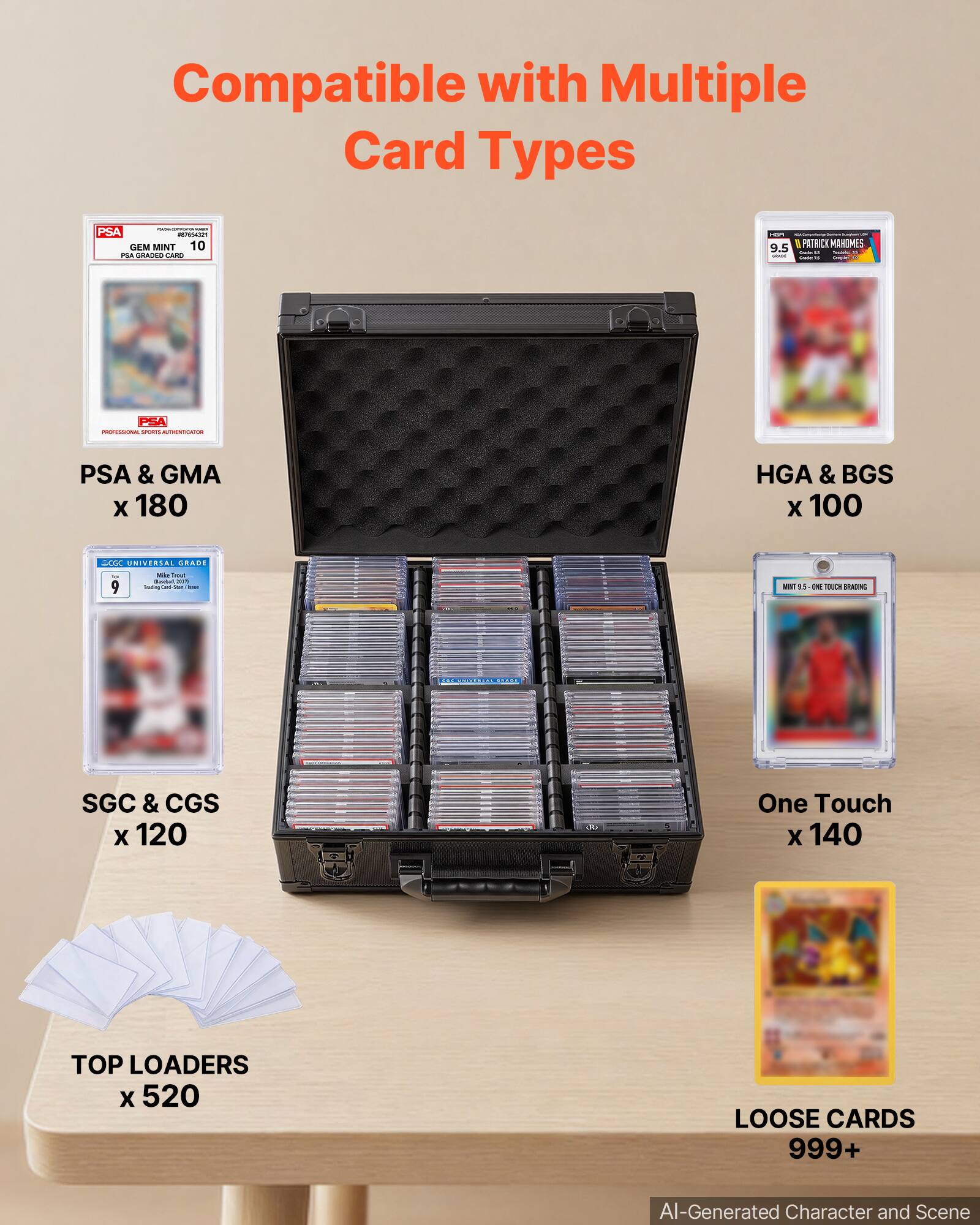 Compatible with Multiple Card Types

- PSA & GMA x 180
- HGA & BGS x 100
- SGC & CGS x 120
- One Touch x 140
- TOP LOADERS x 520
- LOOSE CARDS 999+

AI-Generated Character and Scene