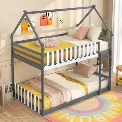 Front. Gymax - Gymax Twin Over Twin Bunk Bed w/ Fence & Ladder Solid Wood Floor Bunk Bed for Kids Gray - Gray, White.
