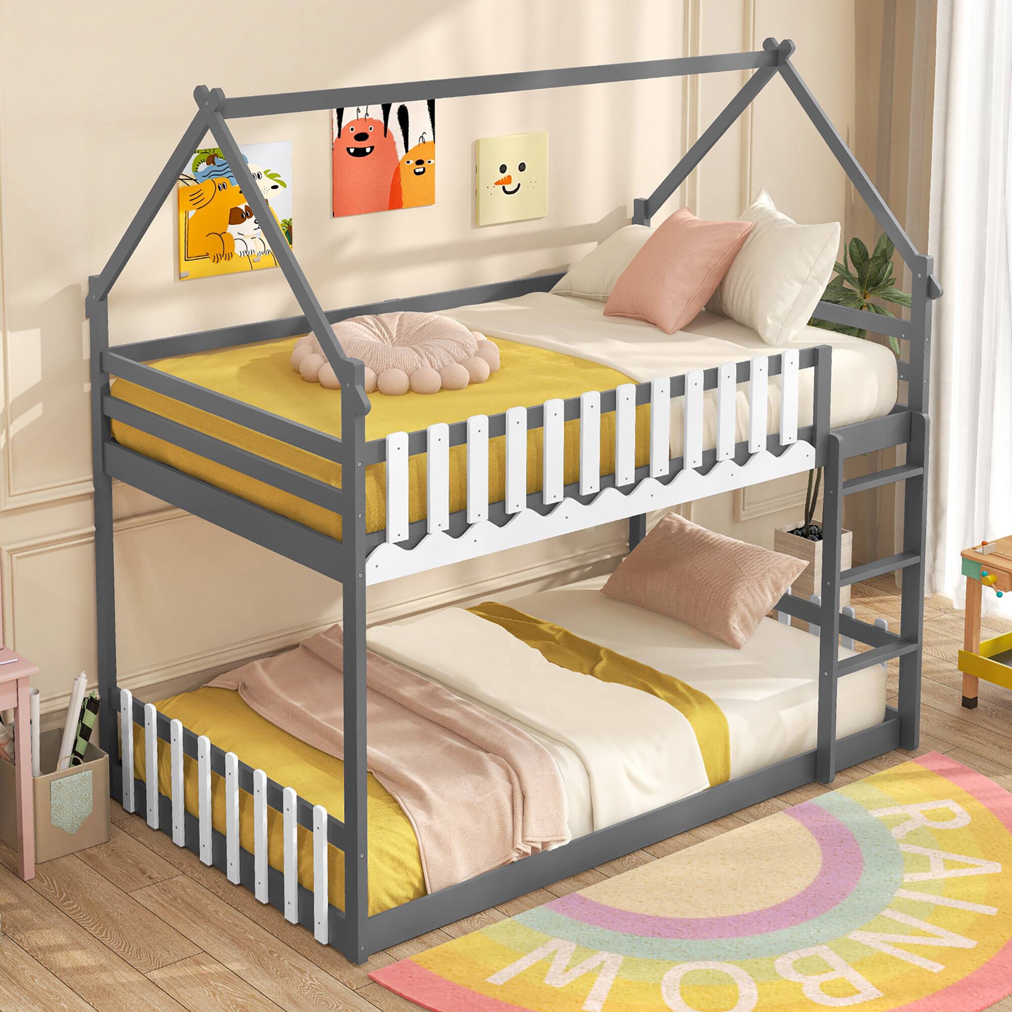 Front. Gymax - Gymax Twin Over Twin Bunk Bed w/ Fence & Ladder Solid Wood Floor Bunk Bed for Kids Gray - Gray, White.