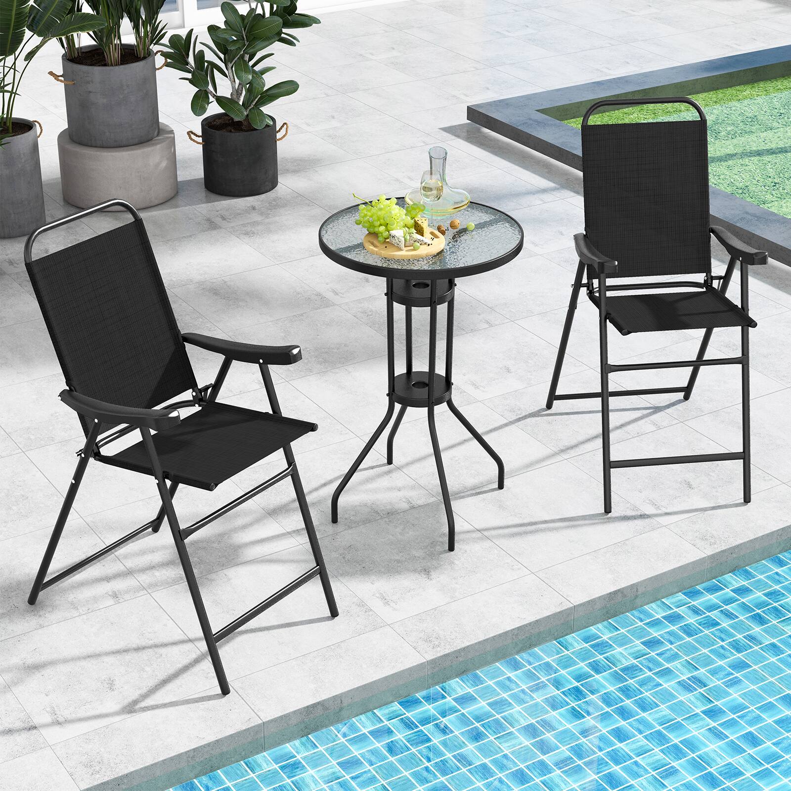 Alt View 5. Costway - Costway 2PCS Patio Bar Chair Folding Bar Height Metal Frame with Footrest Garden - Black.