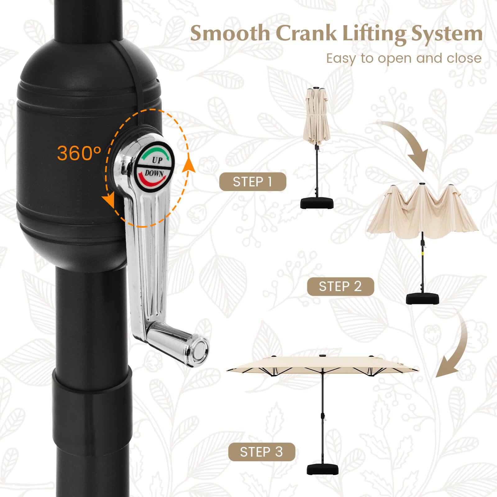Smooth Crank Lifting System  
Easy to open and close  

360° UP DOWN  

STEP 1  
STEP 2  
STEP 3