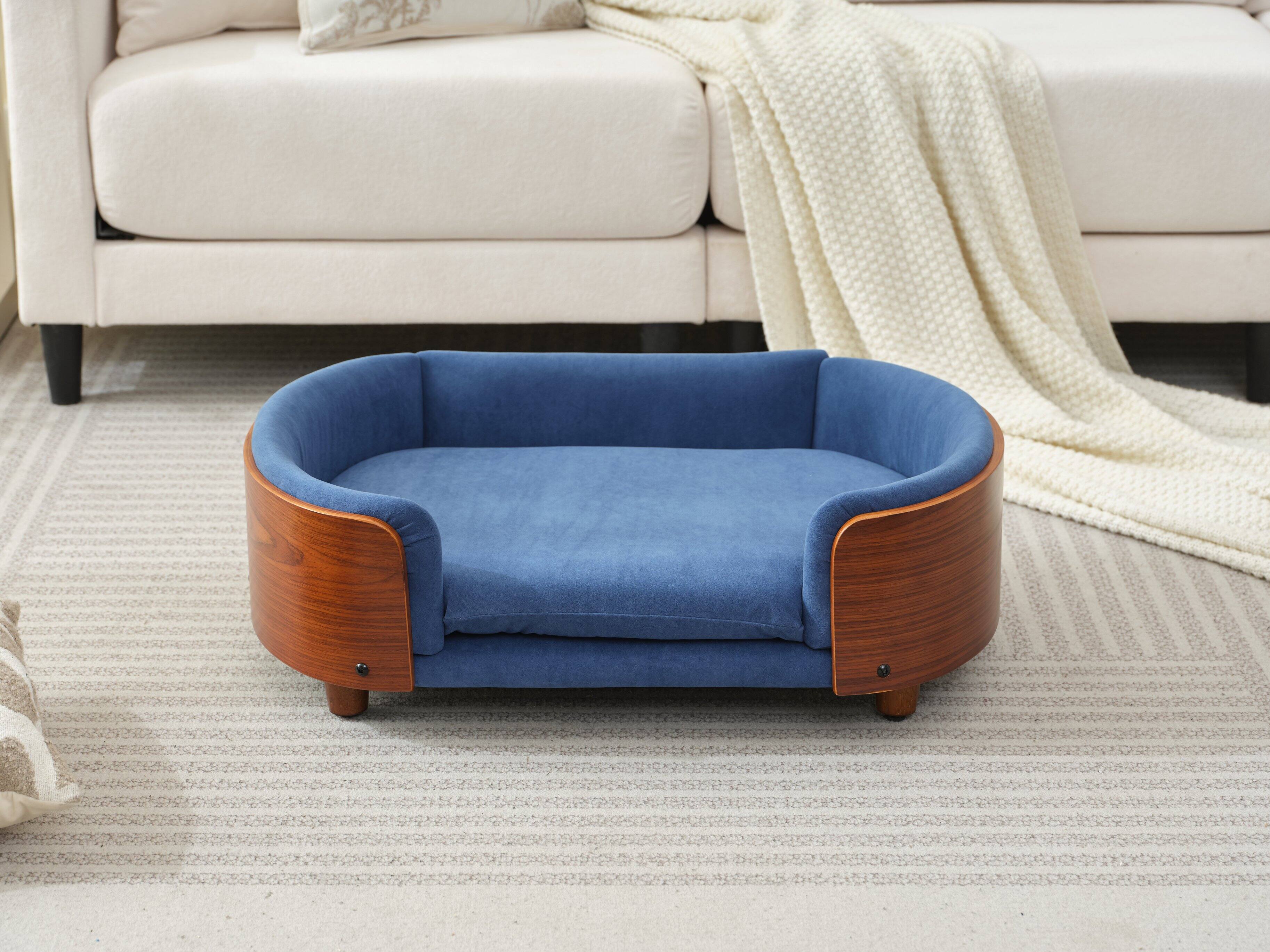 Back. Siljoy - Mid‑Size Scandinavian Pet Sofa, Walnut & Dark Blue Velvet, Elevated Orthopedic Dog Bed - Dark Blue.