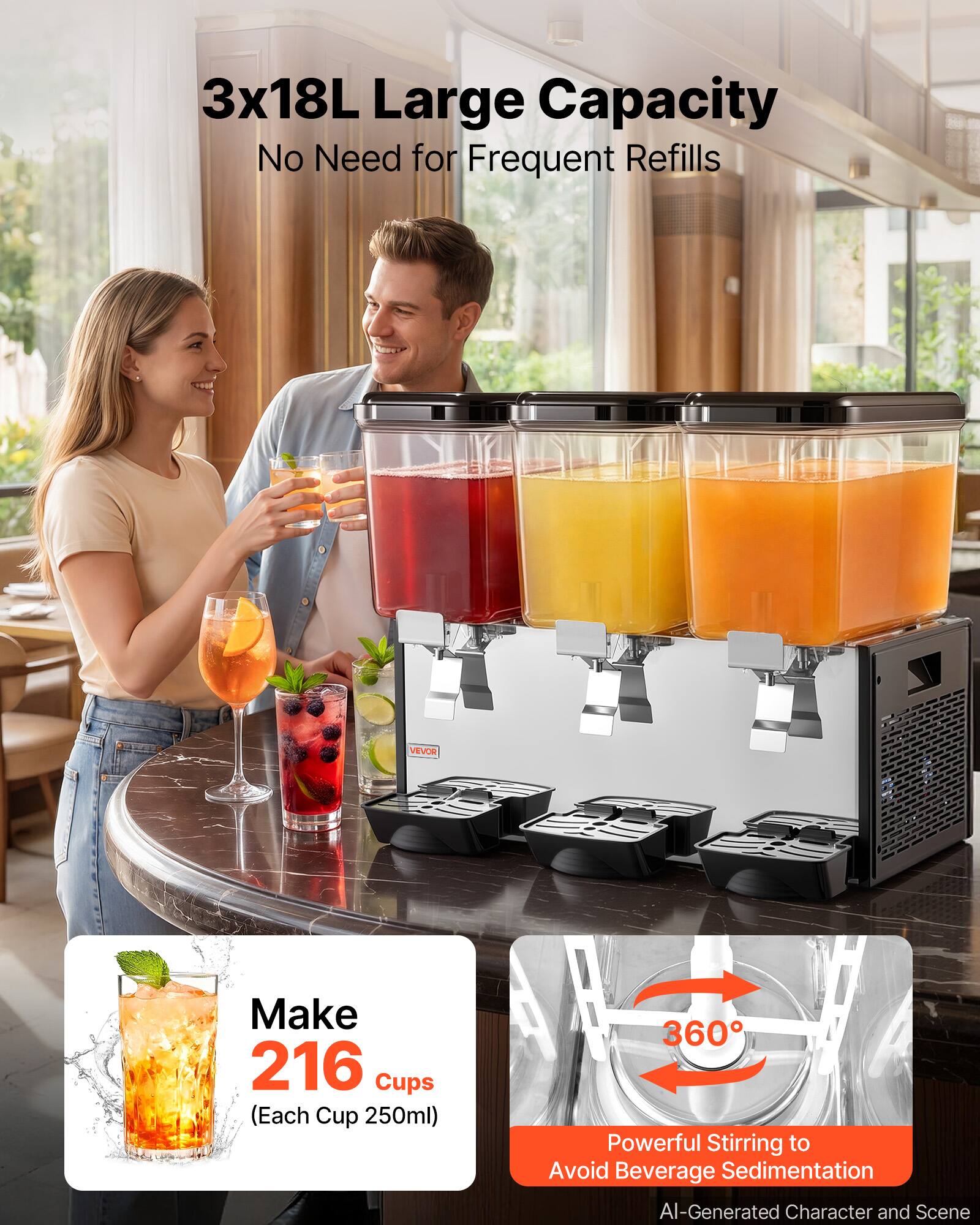 3x18L Large Capacity No Need for Frequent Refills

VEVOR

Make 216 Cups (Each Cup 250ml)

360° Powerful Stirring to Avoid Beverage Sedimentation

AI-Generated Character and Scene