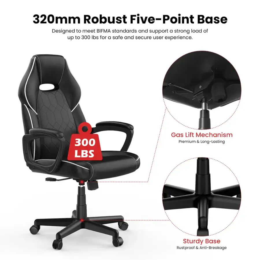 The text on the image reads: "320mm Robust Five-Point Base Designed to meet BIFMA standards and support a strong load of up to 300 lbs for a safe and secure user experience. 300 LBS Gas Lift Mechanism Premium & Long-Lasting Sturdy Base Rustproof & Anti-Breakage."
