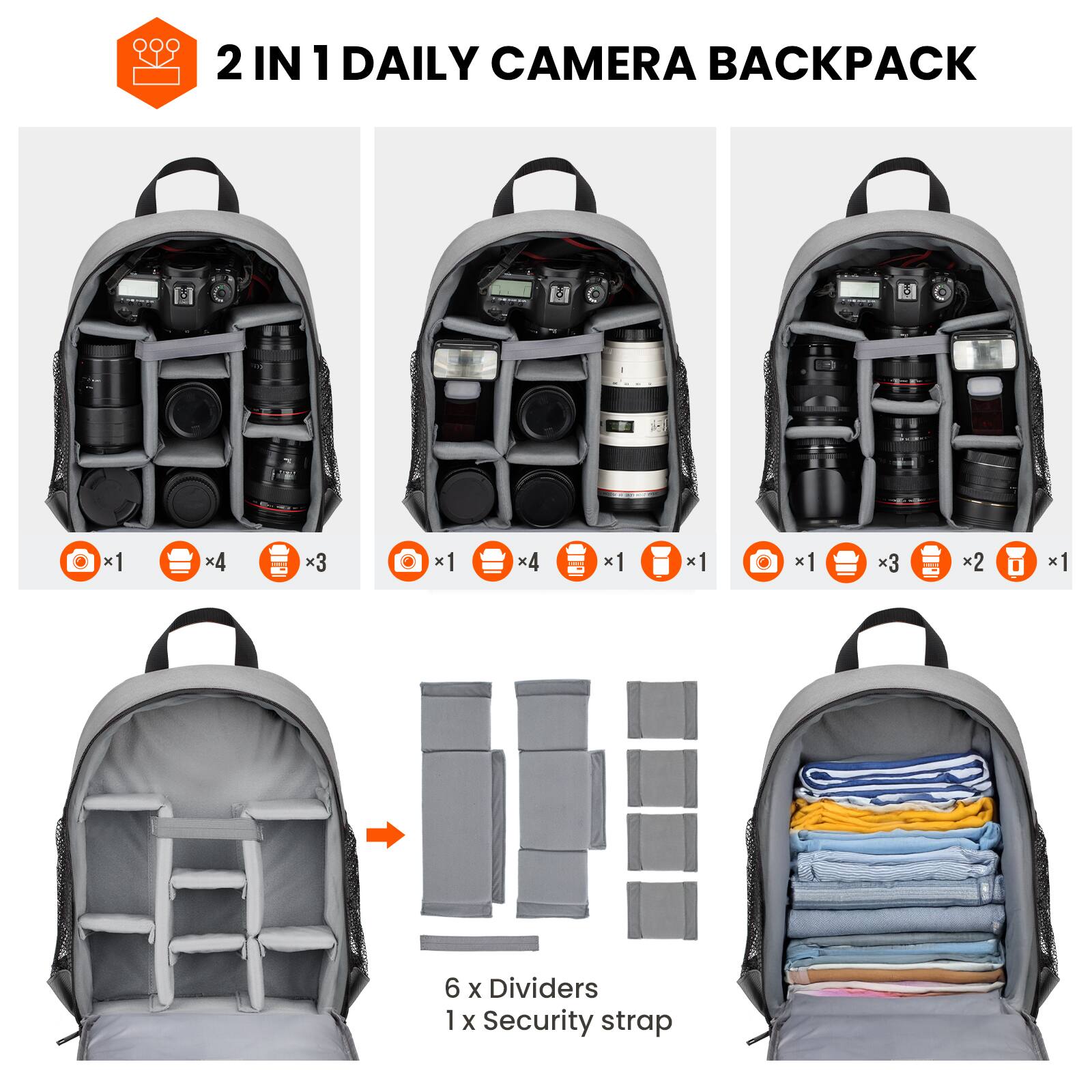 2 IN 1 DAILY CAMERA BACKPACK

- 1 x Camera
- 4 x Lenses
- 3 x Filters

- 1 x Camera
- 4 x Lenses
- 1 x Flash
- 1 x Lens

- 1 x Camera
- 3 x Lenses
- 2 x Filters
- 1 x Flash

6 x Dividers
1 x Security strap