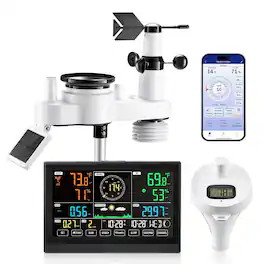 Glintex - Weather Station 7-in-1 Wi-Fi with 7.5" Display, Solar Outdoor Sensor, Pool Thermometer, Temp Wind and Rainfall