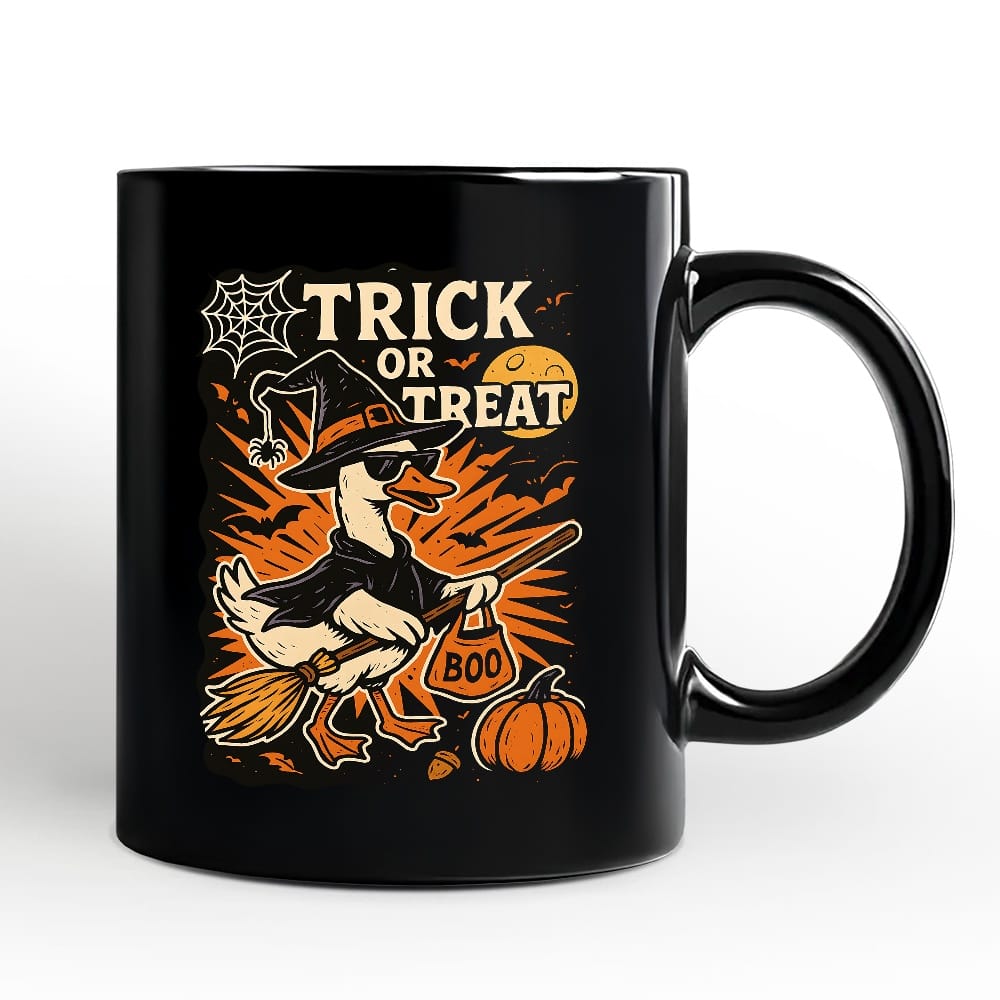 OrnamentallyYou - Trick or Treat Goose Mug, Vintage Halloween Witch Gift - Black