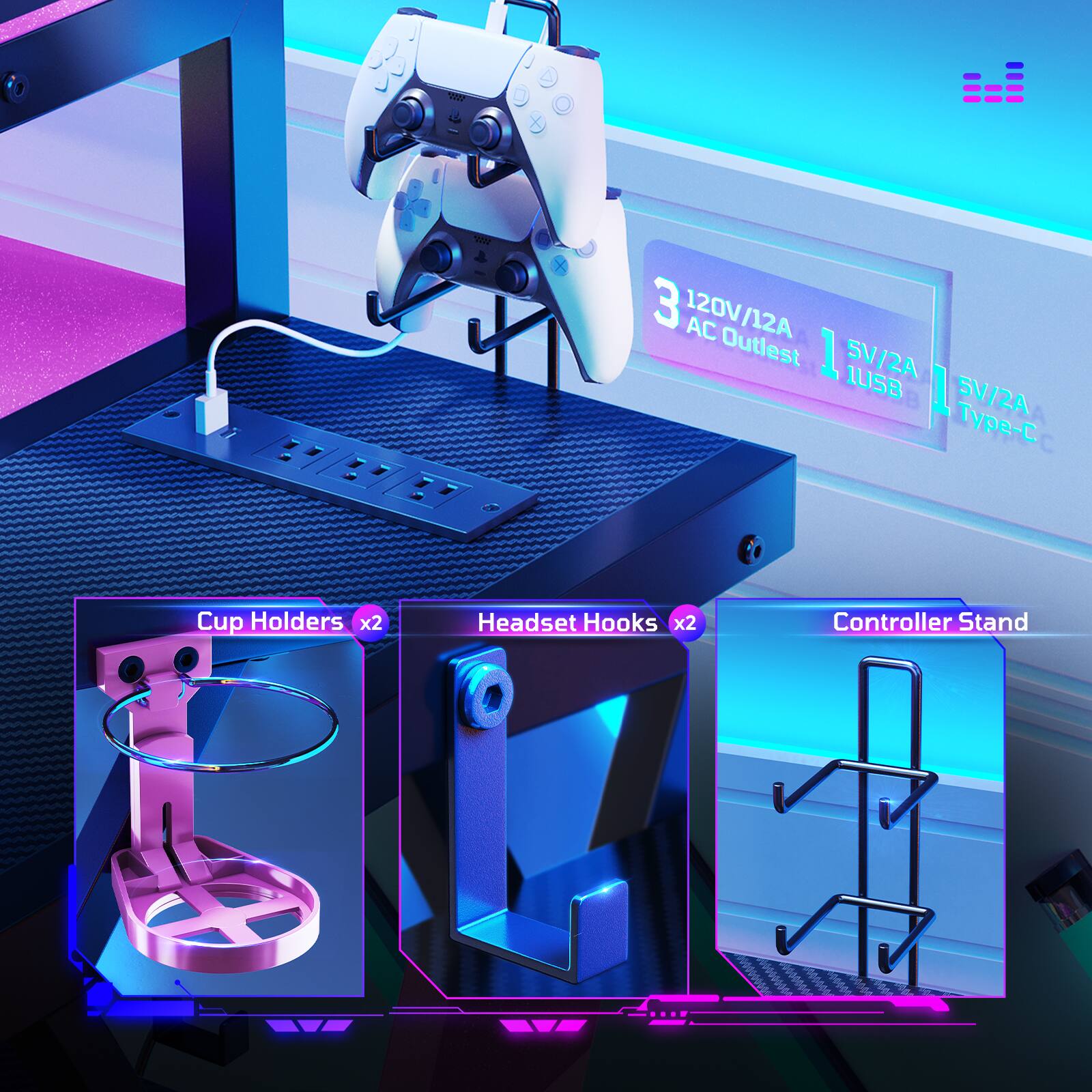 The text on the image can be grouped and corrected as follows:

1. Cup Holders: x2
2. Headset Hooks: x2
3. Controller Stand: 1
4. 120V/12A AC Outlets: 1
5. 5V/2A USB Type-C: 1

This grouping and correction of the text provide a clear understanding of the various items available in the image.