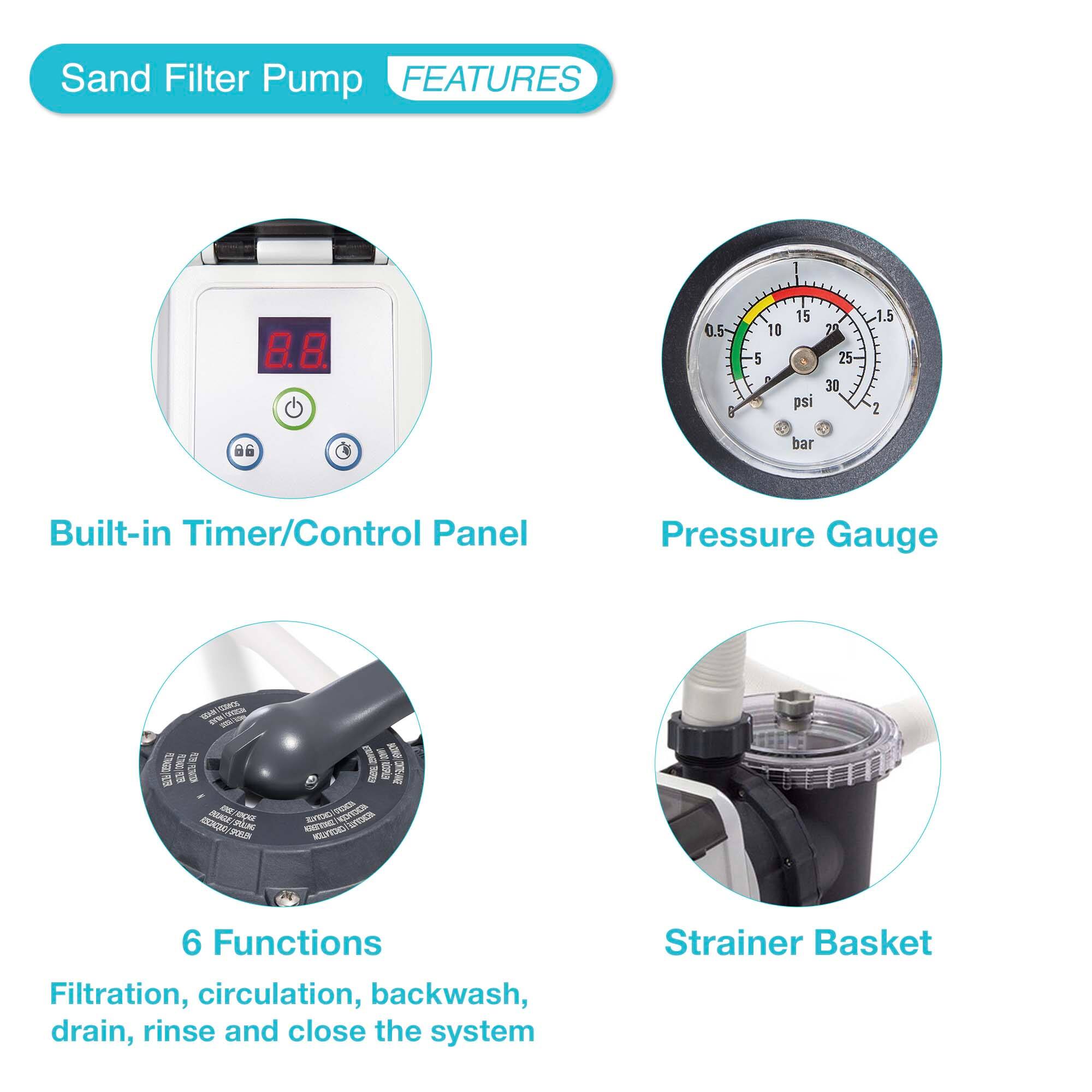 Sand Filter Pump  
FEATURES  

- Built-in Timer/Control Panel  
- Pressure Gauge  
- 6 Functions: Filtration, circulation, backwash, drain, rinse and close the system  
- Strainer Basket  

Specifications:  
- 8.8  
- 0.5 - 30 psi  
- 0.06 - 2 bar