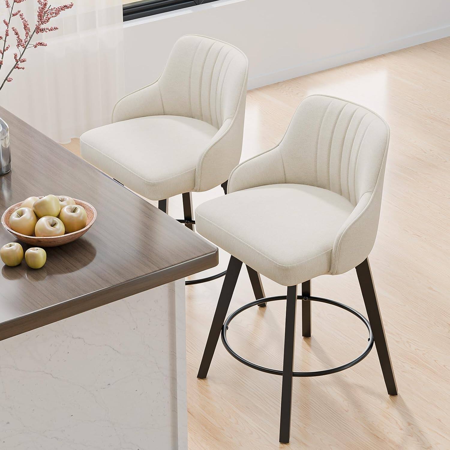 Alt View 4. Winado - 26" H Swivel Barstools Counter Height Bar Stool Modern Counter Stool with Back Kitchen High Chairs Solid Wood Legs - Beige Fabric-Set of 3.