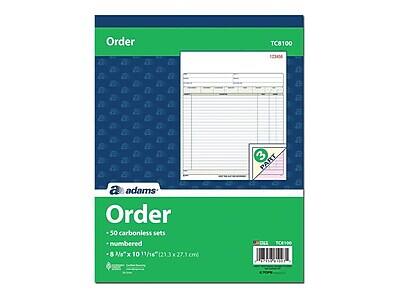 Order TC8100  
123454  

Order  
50 carbonless sets  
numbered  
8 3/8" x 10 11/16" (213 x 27.1 cm)  

adams  

Order  
50 carbonless sets  
numbered  
8 3/8" x 10 11/16" (213 x 27.1 cm)  

PART 71900307