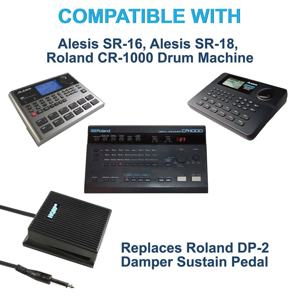 COMPATIBLE WITH  
Alesis SR-16, Alesis SR-18, Roland CR-1000 Drum Machine  

Replaces Roland DP-2 Damper Sustain Pedal