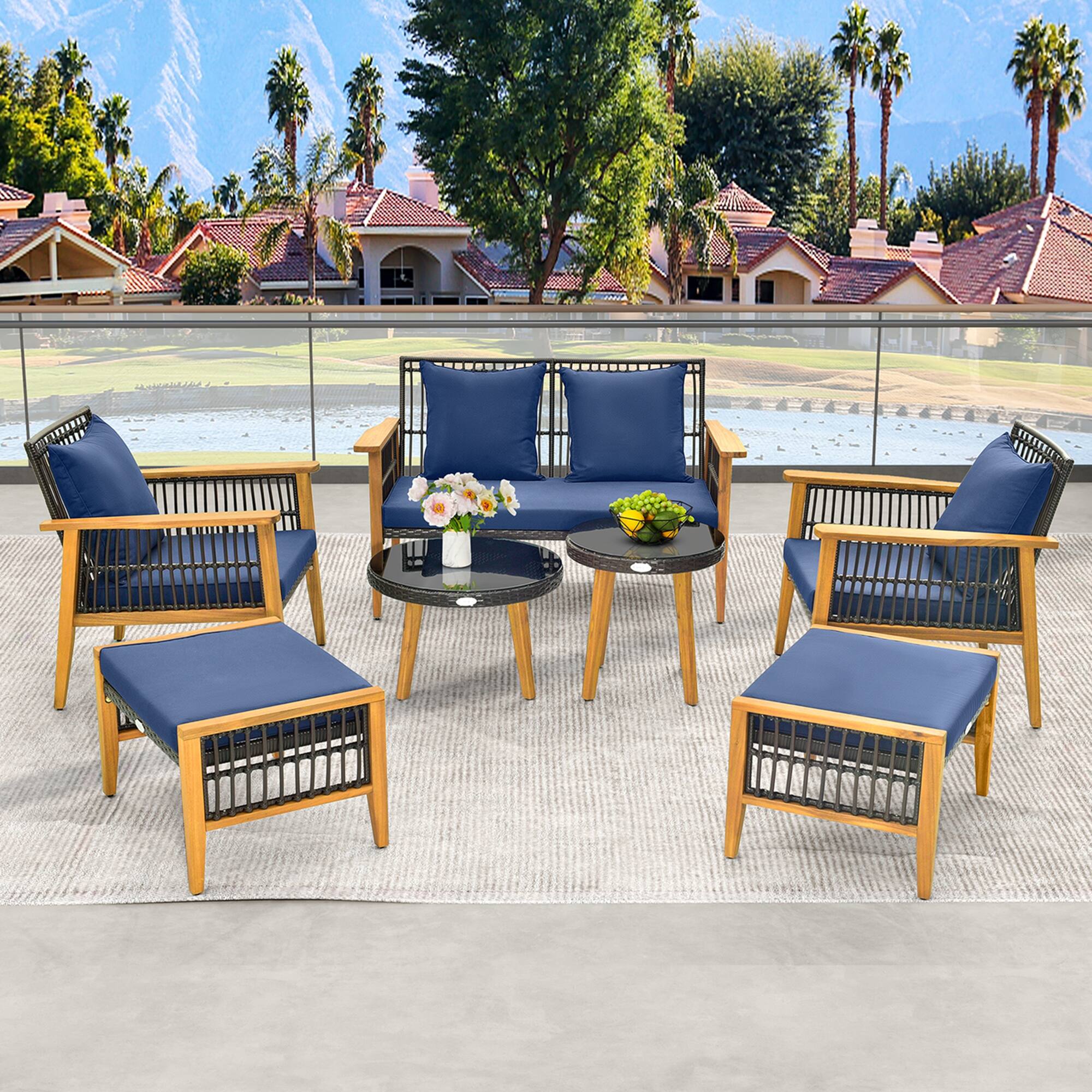 Alt View 1. Costway - Costway 7 Piece Conversation Set Rattan Woven Chair Set with 2 Coffee Tables & 2 Ottomans - Mix Brown,Navy.