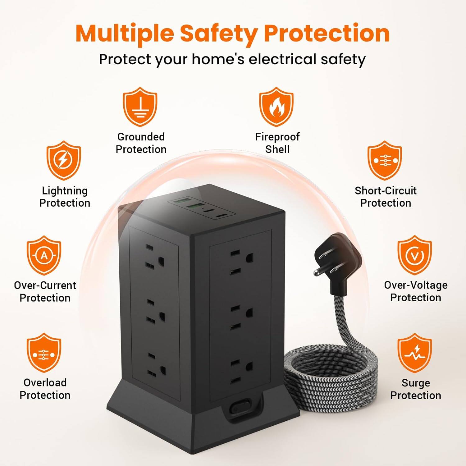 Multiple Safety Protection  
Protect your home's electrical safety  

- Grounded Protection  
- Fireproof Shell  
- Lightning Protection  
- Short-Circuit Protection  
- Over-Current Protection  
- Over-Voltage Protection  
- Overload Protection  
- Surge Protection