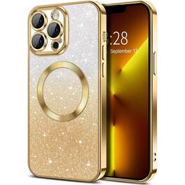 Entronix - Magnetic Case for iPhone 14 Pro Max - Clear Back Luxury Glossy Cover - Glitter Gold