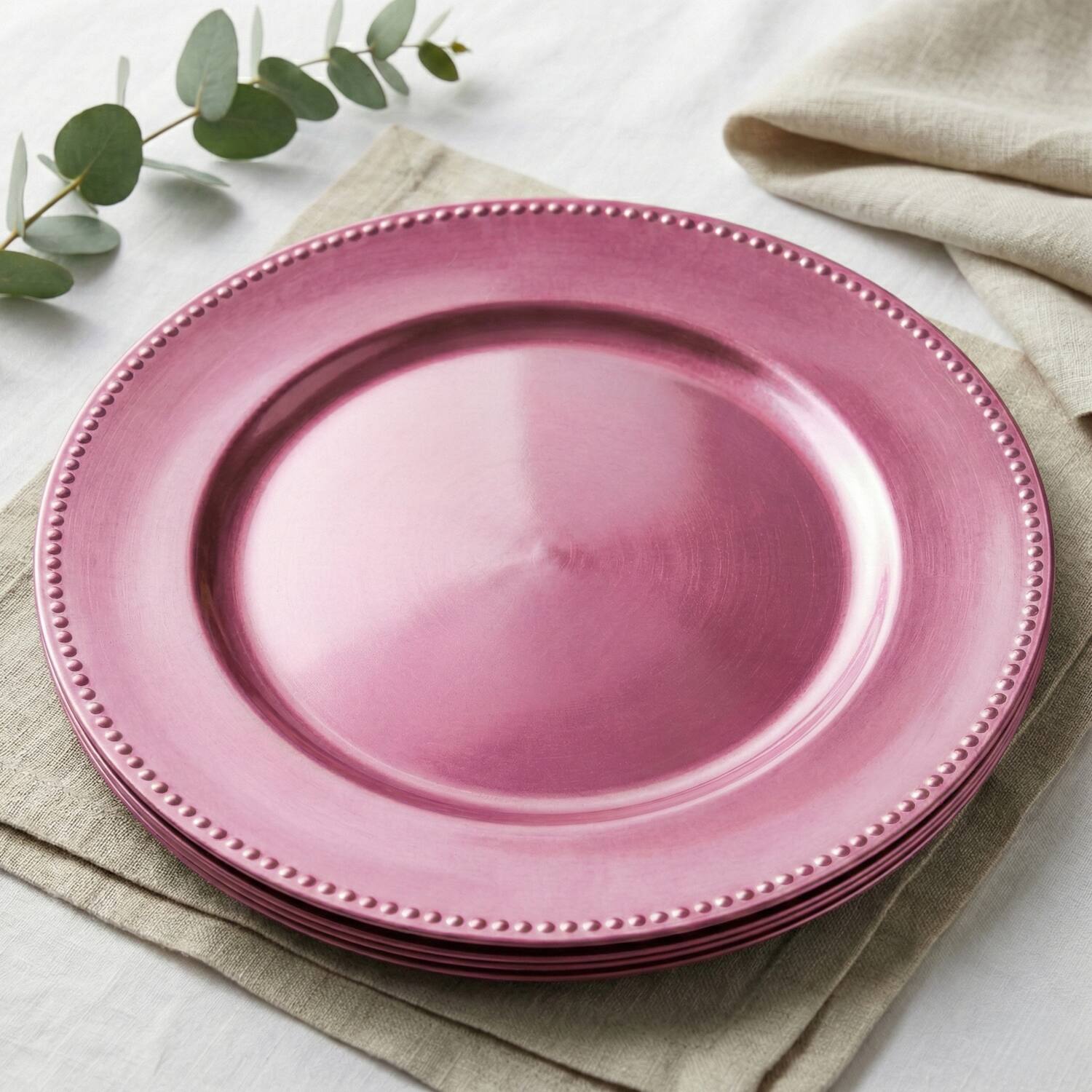 Left. American Atelier - Pink Beaded Charger Plate 12-Piece Set - Elegant Table Setting Decor - Pink.