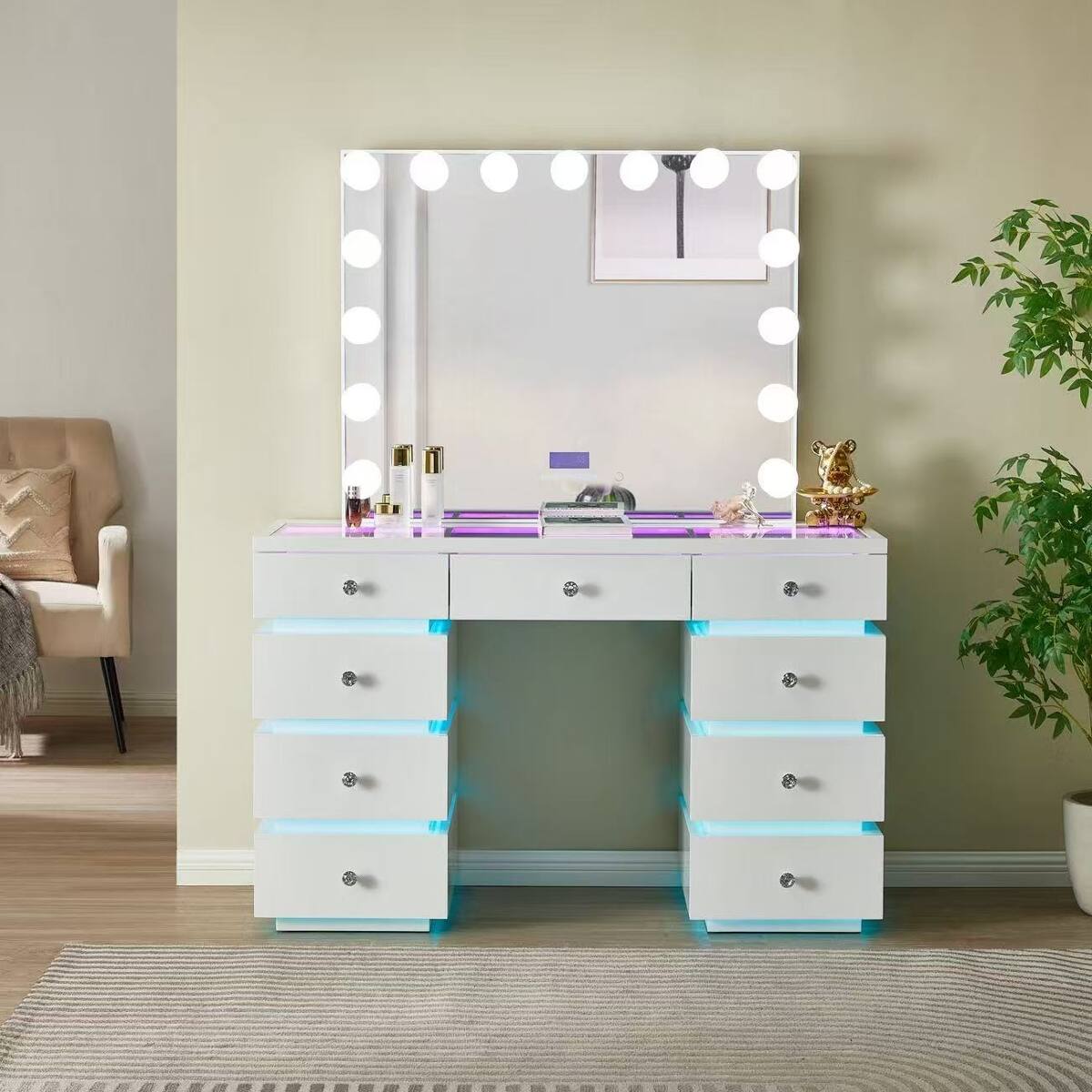 Angle. Loheer - Loheer Lighted Makeup Vanity Desk with RGB Drawer Lights and 15 Bulb Hollywood Mirror - Gloss White.