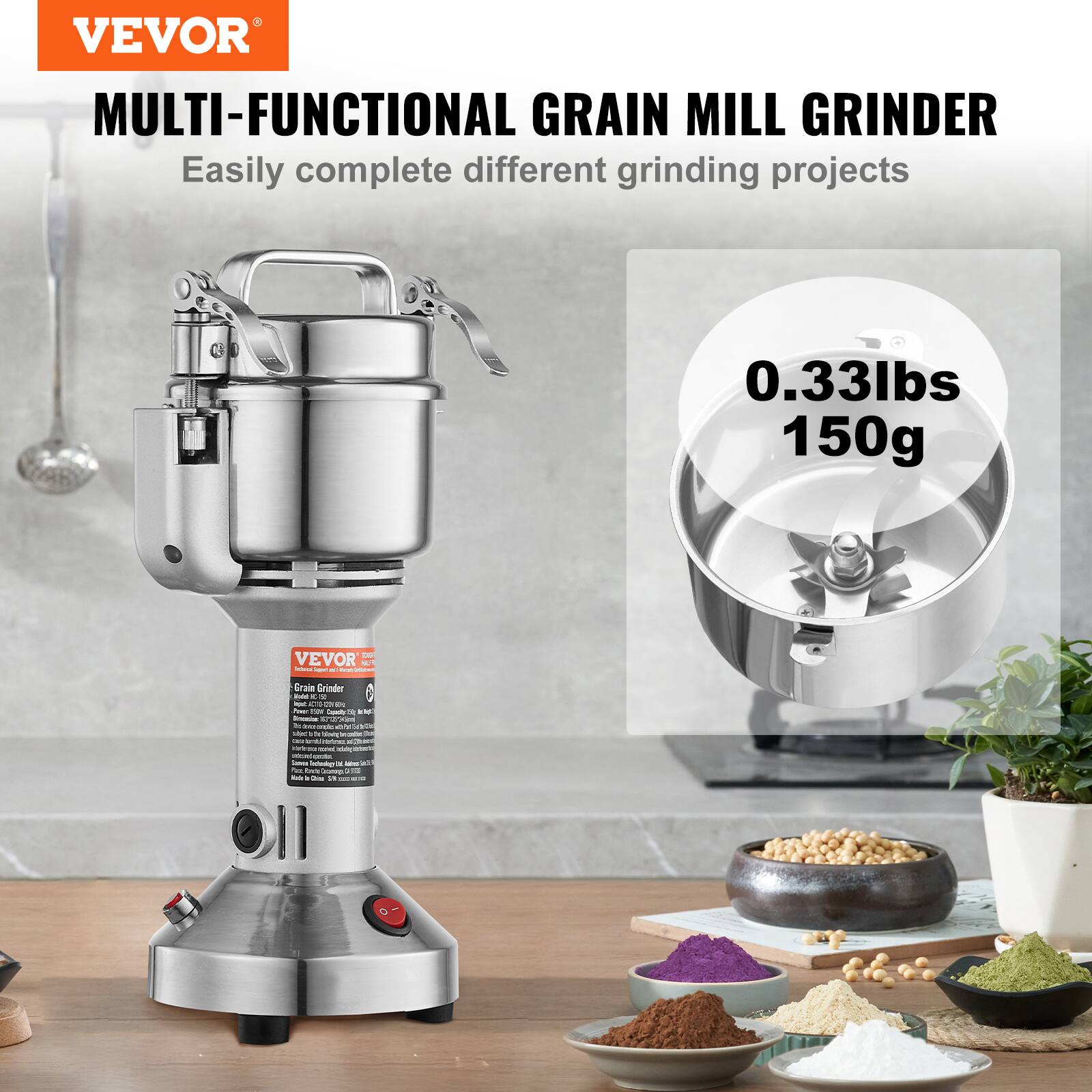 VEVOR  
MULTI-FUNCTIONAL GRAIN MILL GRINDER  
Easily complete different grinding projects  

0.33lbs  
150g