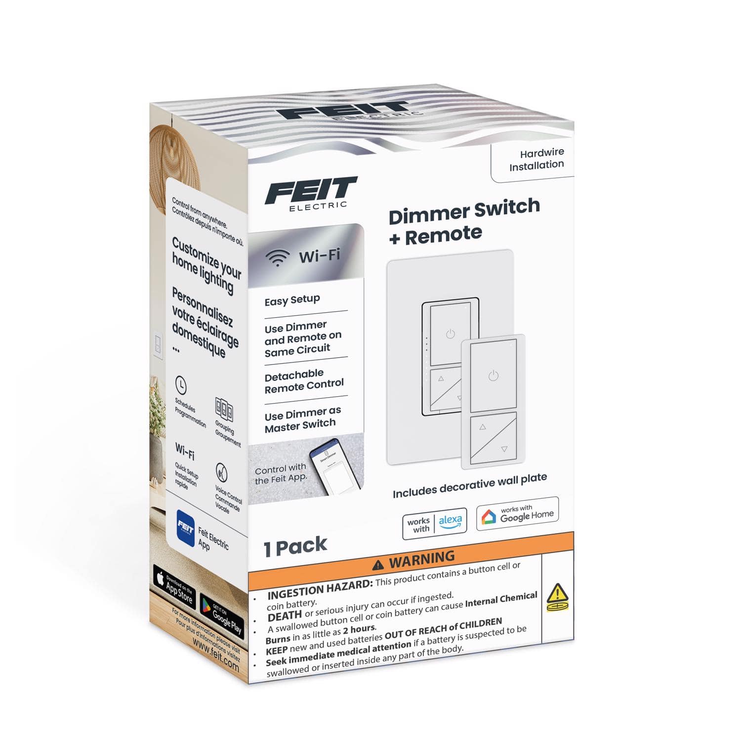 FEIT ELECTRIC - Feit 200 W Paddle Smart Enabled Dimmer Switch w/Remote Control 1 pk - White