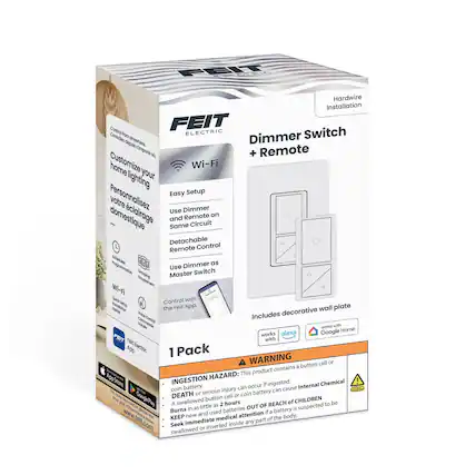 FEIT Electric Dimmer Switch + Remote
- Customizes your home lighting
- Easy Setup
- Use Dimmer and Remote on Same Circuit
- Detachable Remote Control
- Use Dimmer as Master Switch
- Control with the Feit App
- Wi-Fi
- Works with Google Home and Alexa
- Includes decorative wall plate
WARNING: INGESTION HAZARD - This product contains a button cell or coin battery. If ingested, it can cause serious injury or death. Burns in as little as 2 hours. KEEP OUT OF REACH OF CHILDREN. Seek immediate medical attention if a battery is suspected to be swallowed or inserted inside any part of the body.