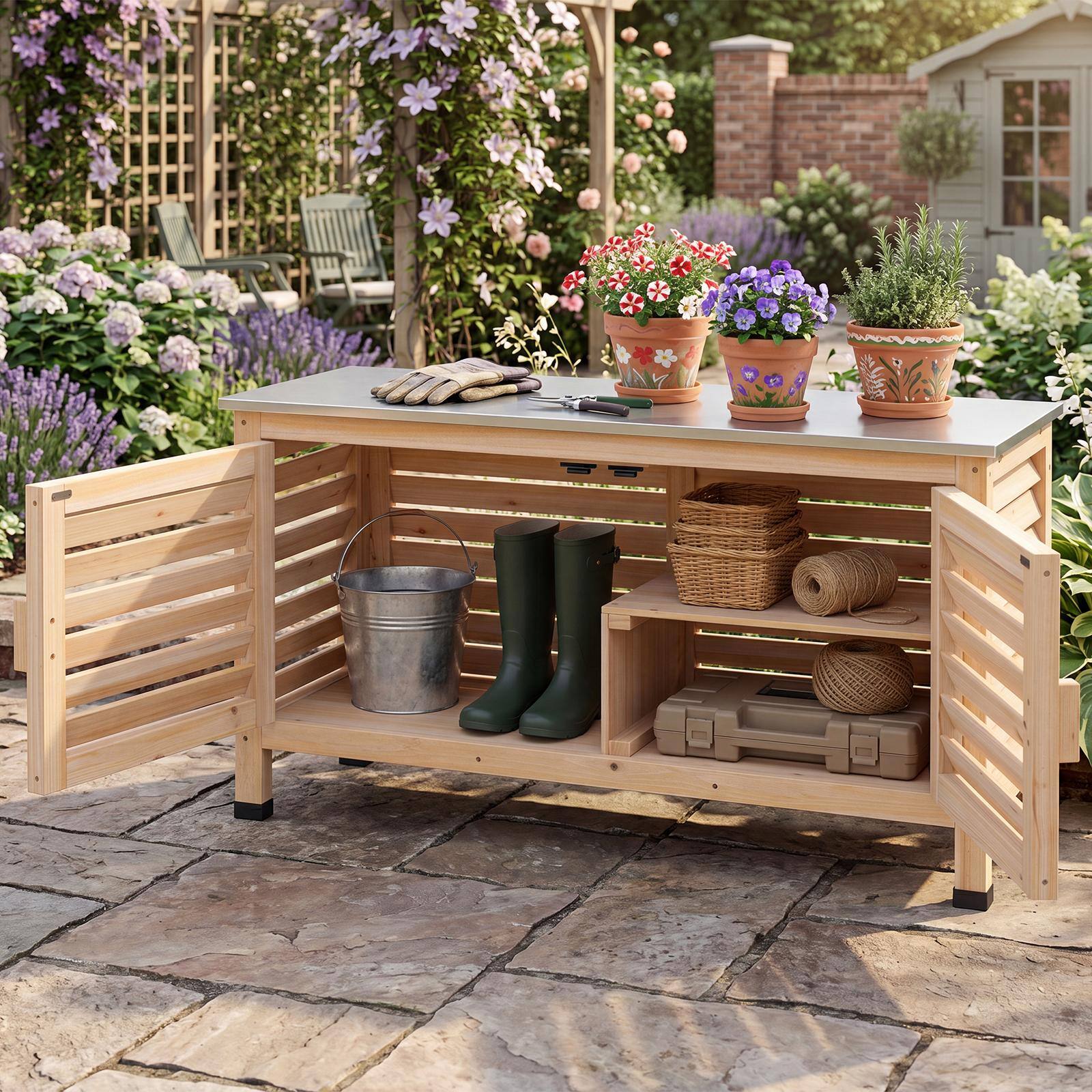 Alt View 1. Costway - Costway 2-Door Potting Table with Stainless Steel Countertop Fir Wood Frame L-Shaped Shelf - Natural + Silver.