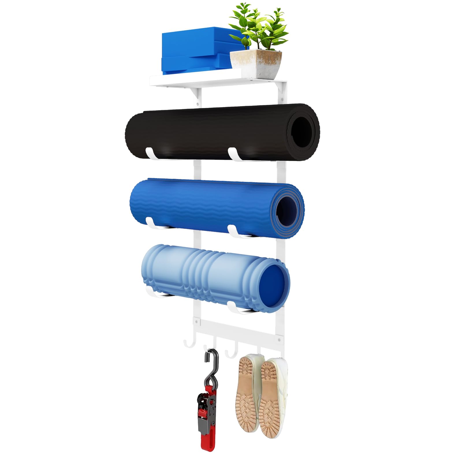 Dazzling Pops - LSK Yoga Mat Holder Wall Mount, Yoga Mats Storage Rack, Home Gym Storage with Metal Floating Shelf for Stor - White
