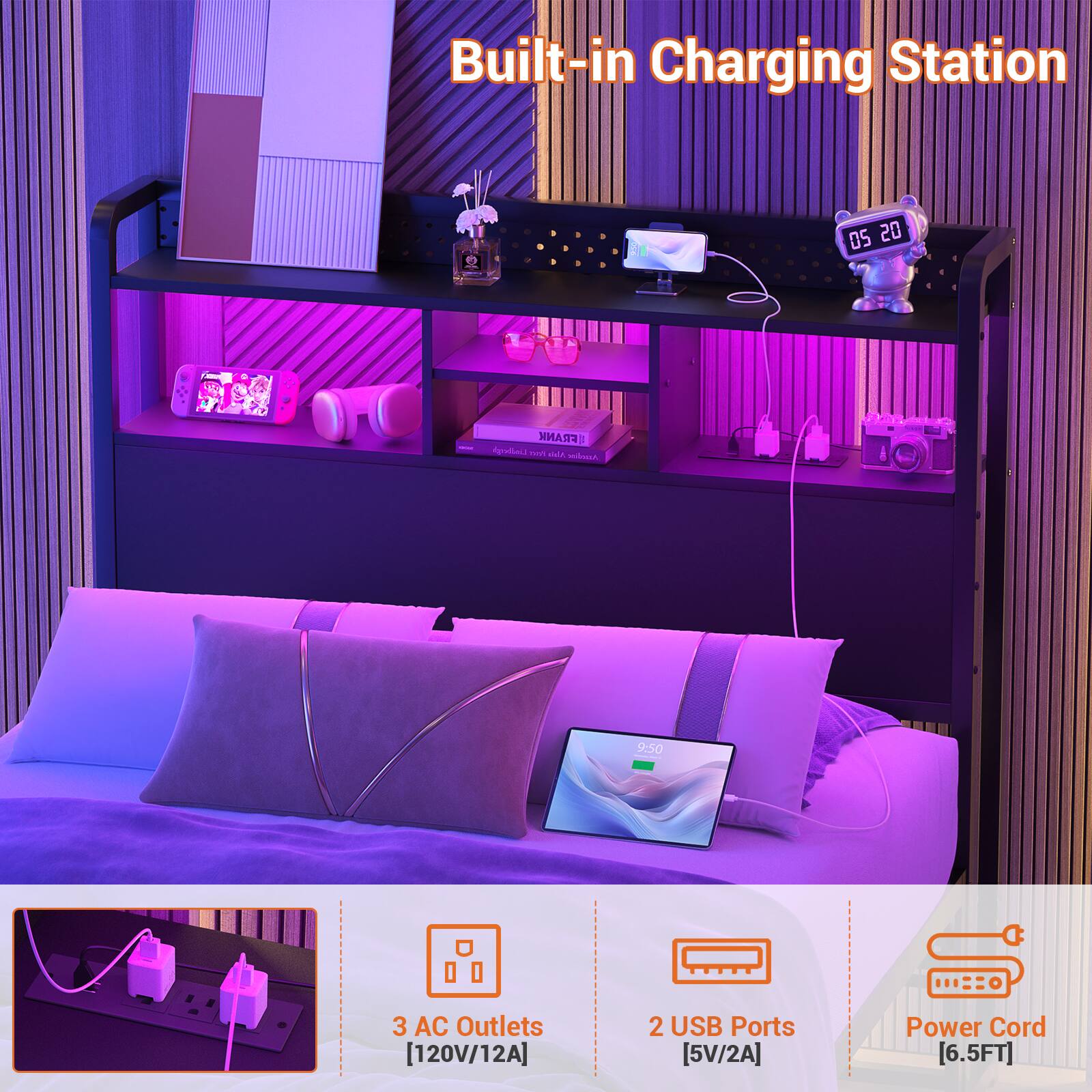 Built-in Charging Station

- 3 AC Outlets [120V/12A]
- 2 USB Ports [5V/2A]
- Power Cord [6.5FT]