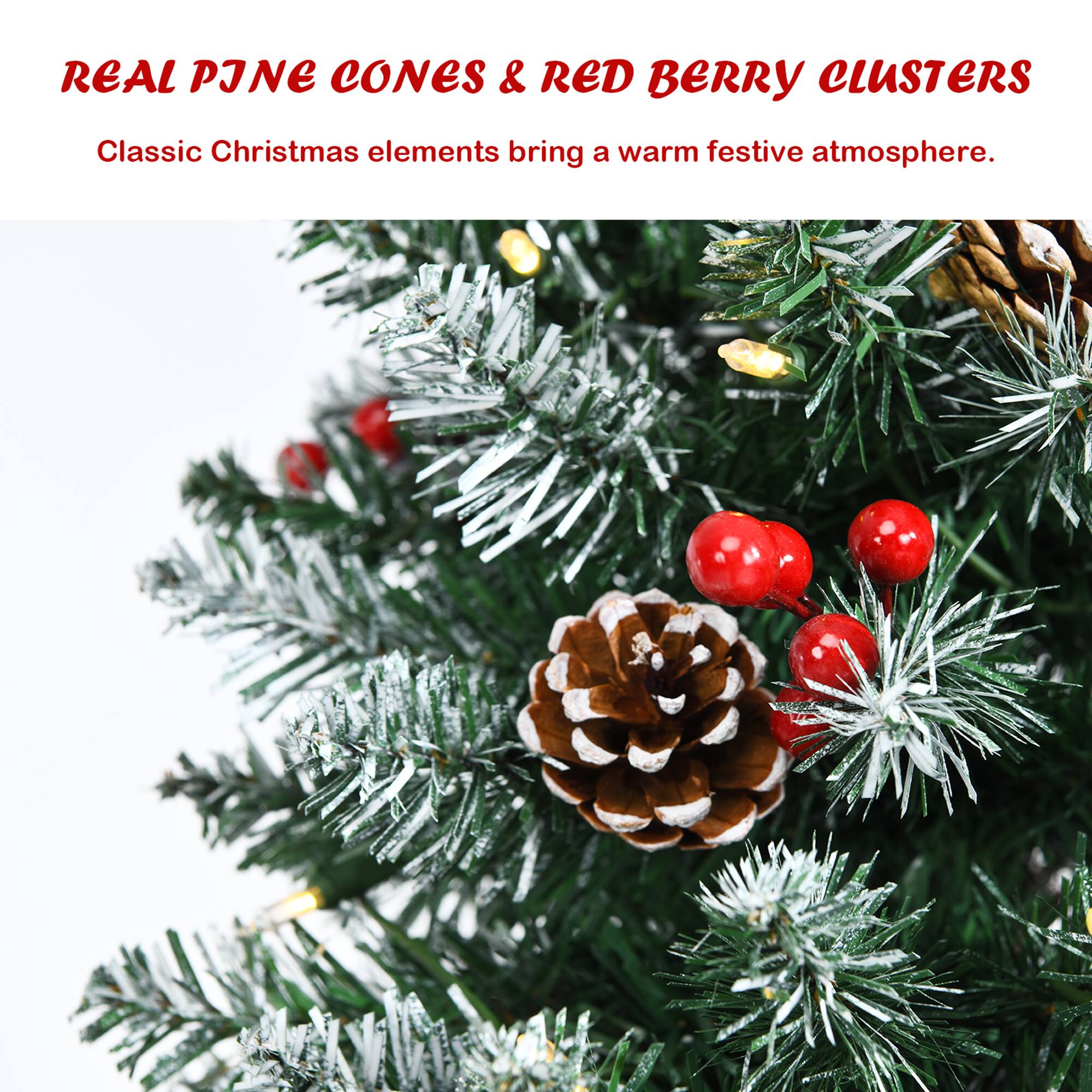 REAL PINE CONES & RED BERRY CLUSTERS  
Classic Christmas elements bring a warm festive atmosphere.