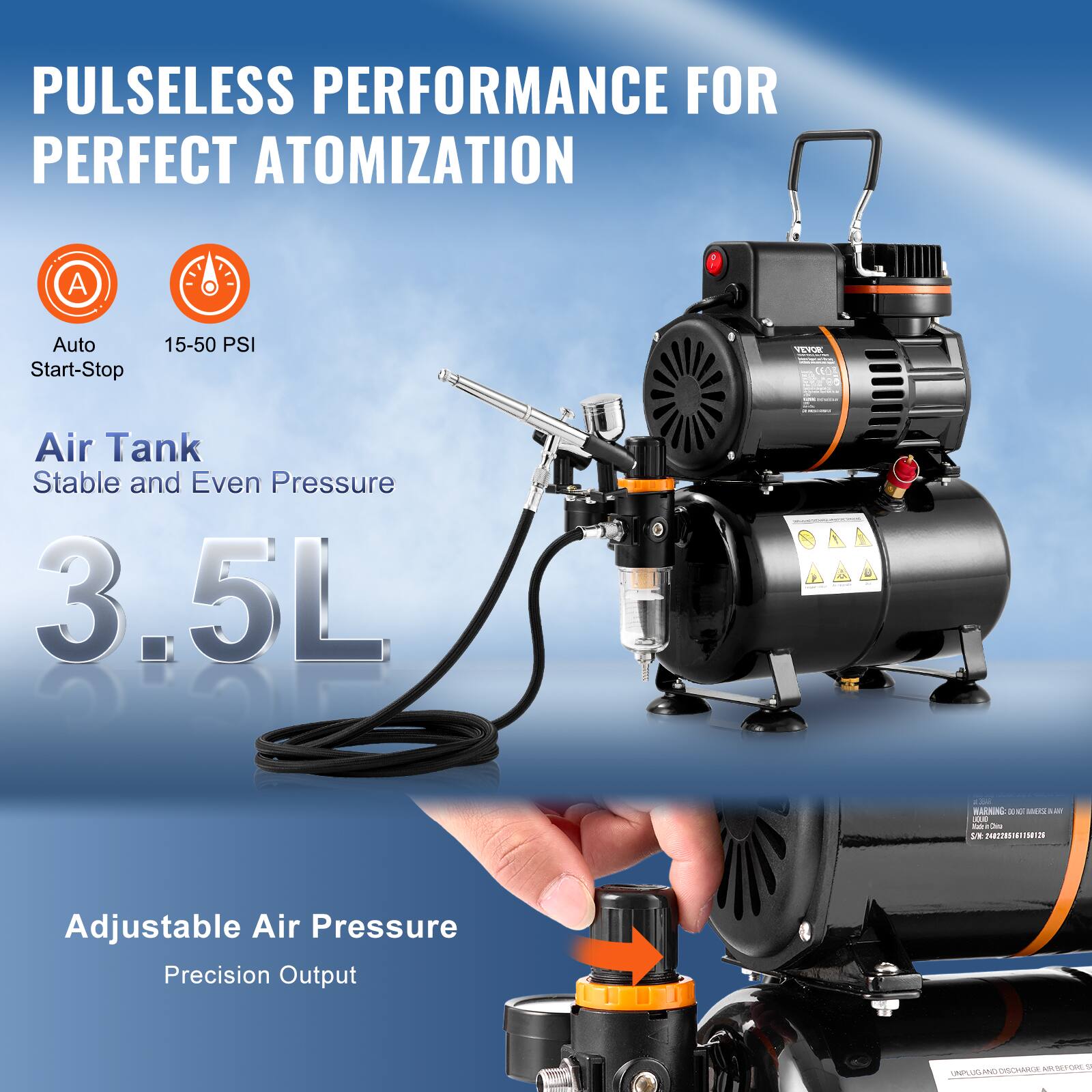 PULSELESS PERFORMANCE FOR PERFECT ATOMIZATION

- Auto Start-Stop
- 15-50 PSI

Air Tank
Stable and Even Pressure

3.5L

Adjustable Air Pressure
Precision Output