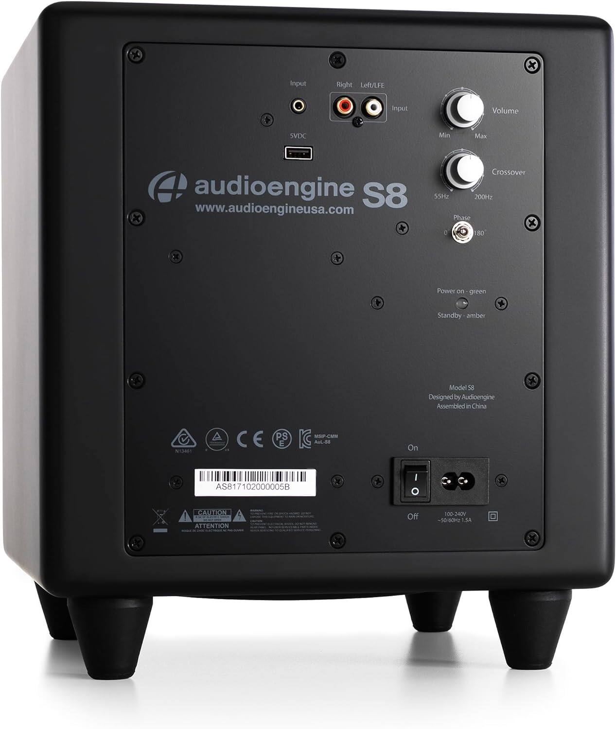 **audioengine S8**  
www.audioengineusa.com  

**Input**  
Right Left/LFE  
Input Volume  
SVDC  

**Crossover**  
55Hz 200Hz  
Phase 0° 180°  

**Power on** - green  
**Standby** - amber  

**Model 55**  
Designed by Audioengine  
Assembled in China  

**On**  
Off  

**CAUTION**  
ATTENTION  

**N1346**  
C PS E MS CMM  
AS817102000005B  

**100-34V**  
-50 -BOK  
I.MA  
-50 -BOK  
I.MA  

**100-240V**  
~50/60Hz  
1.5A  

**CE**  
PS  
K  
N1346