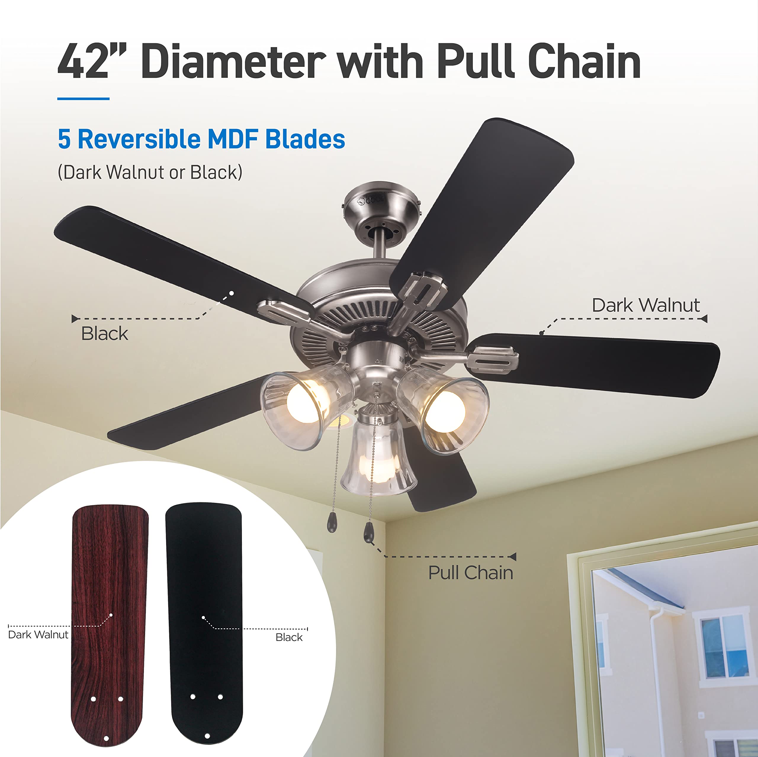 42" Diameter with Pull Chain
5 Reversible MDF Blades (Dark Walnut or Black)
Black
Dark Walnut
Pull Chain