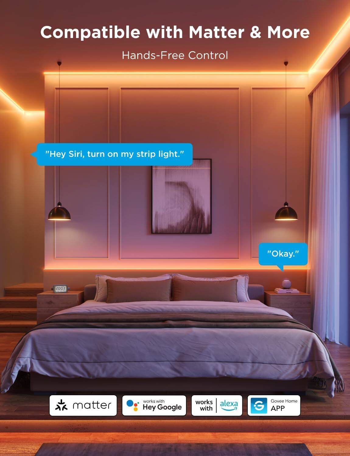 Compatible with Matter & More  
Hands-Free Control  

"Hey Siri, turn on my strip light."  
"Okay."  

2003 matter works with Hey Google works with Alexa with Govee Home APP