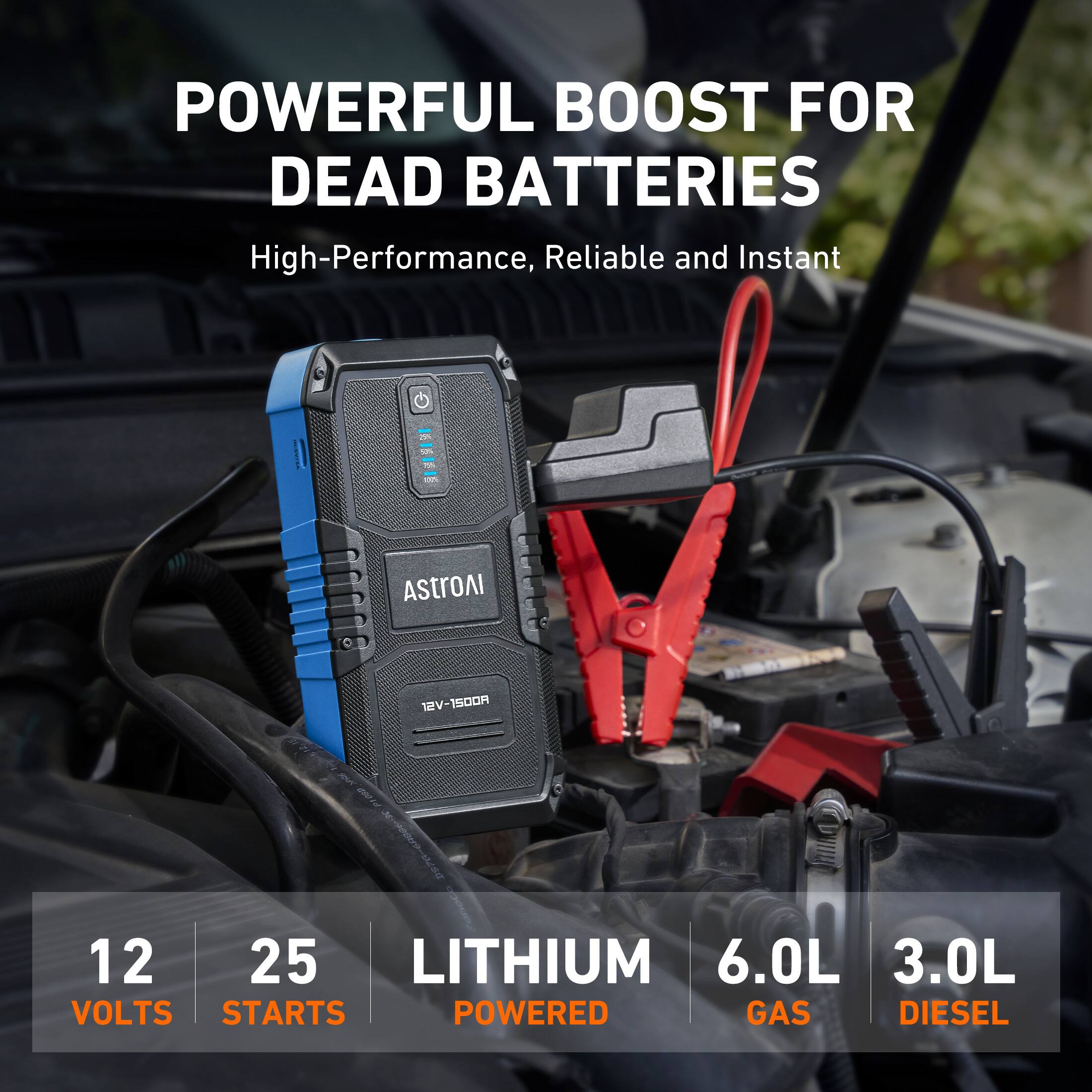 POWERFUL BOOST FOR DEAD BATTERIES High-Performance, Reliable and Instant - AstroAI 12V-1500A 12 VOLTS 25 STARTS LITHIUM POWERED 6.0L GAS 3.0L DIESEL