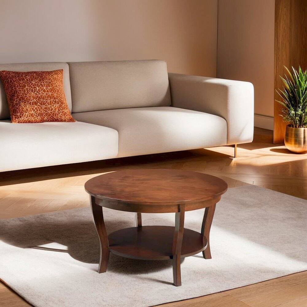 Back. FurniFact - Brown Round Coffee Table with Lower Shelf for Stylish Living Room Storage - Brown.