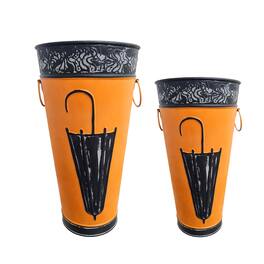 Manhattan Lane - 21, 16 Inch Metal Umbrella Stands, Black Engraved Artwork, Set of 2, Orange - Brown, Black, White