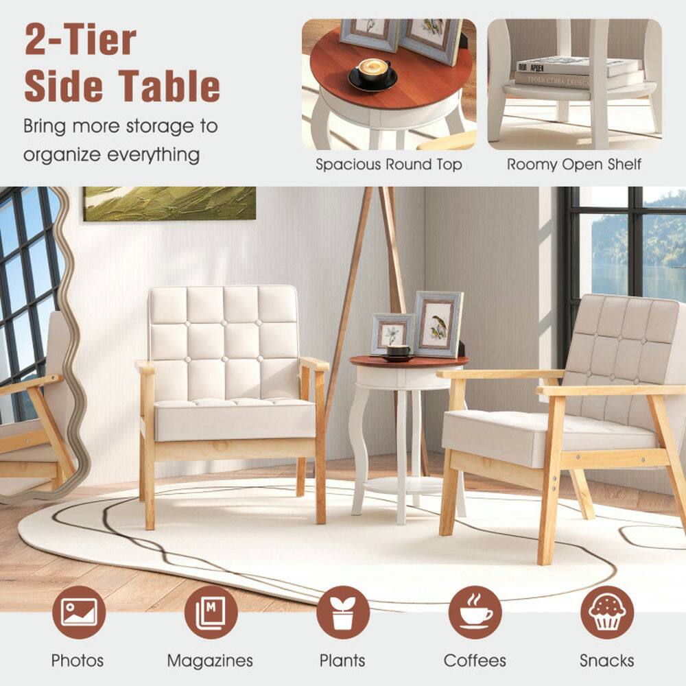 2-Tier Side Table  
Bring more storage to organize everything  

Spacious Round Top  
Roomy Open Shelf  

Photos  
Magazines  
Plants  
Coffees  
Snacks