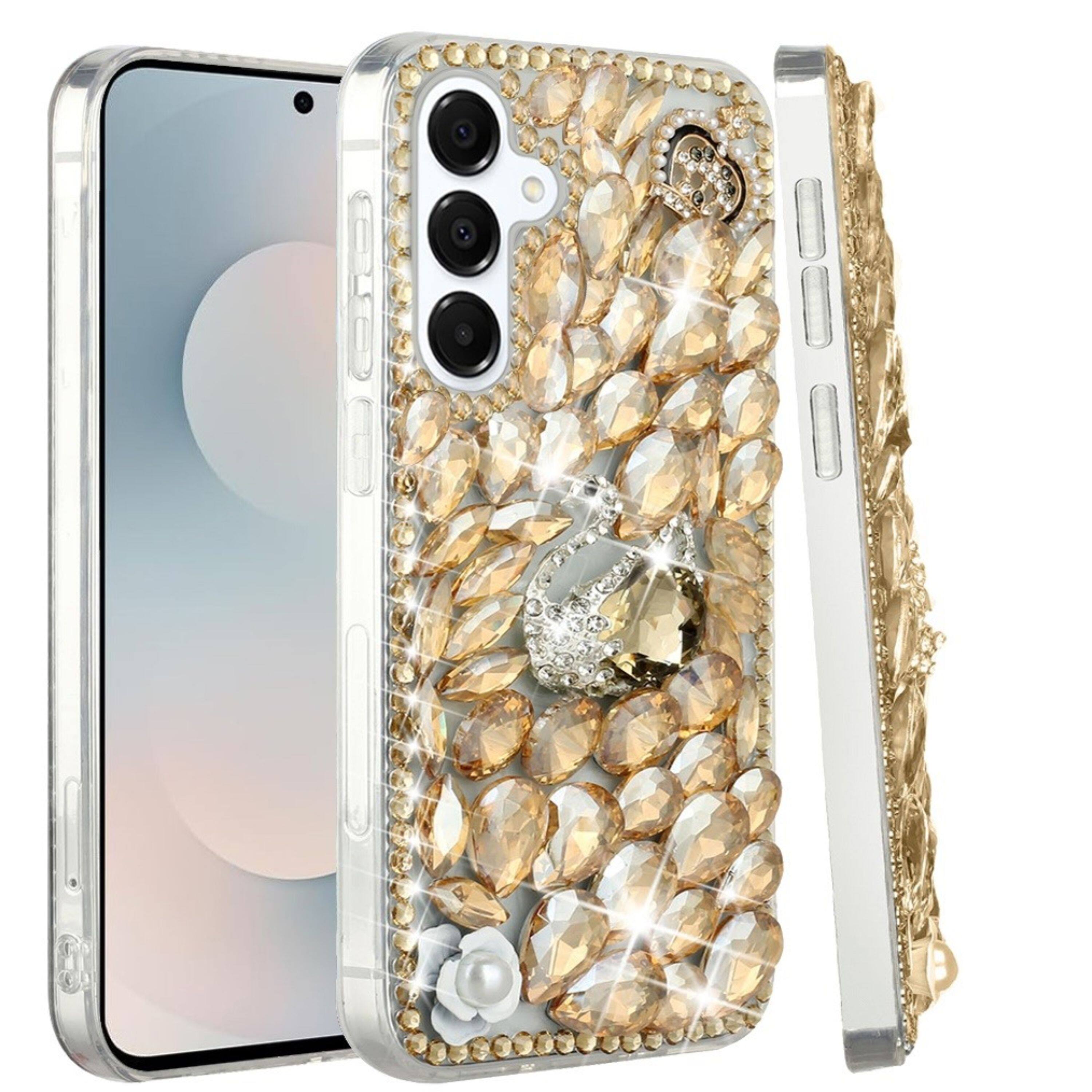 Left. Kitcheniva - Full Diamond Bling 3D Jewel Ornaments Plus Tempered Glass For Samsung S25 FE Gold Swan Crown Pearl - Multicolor.