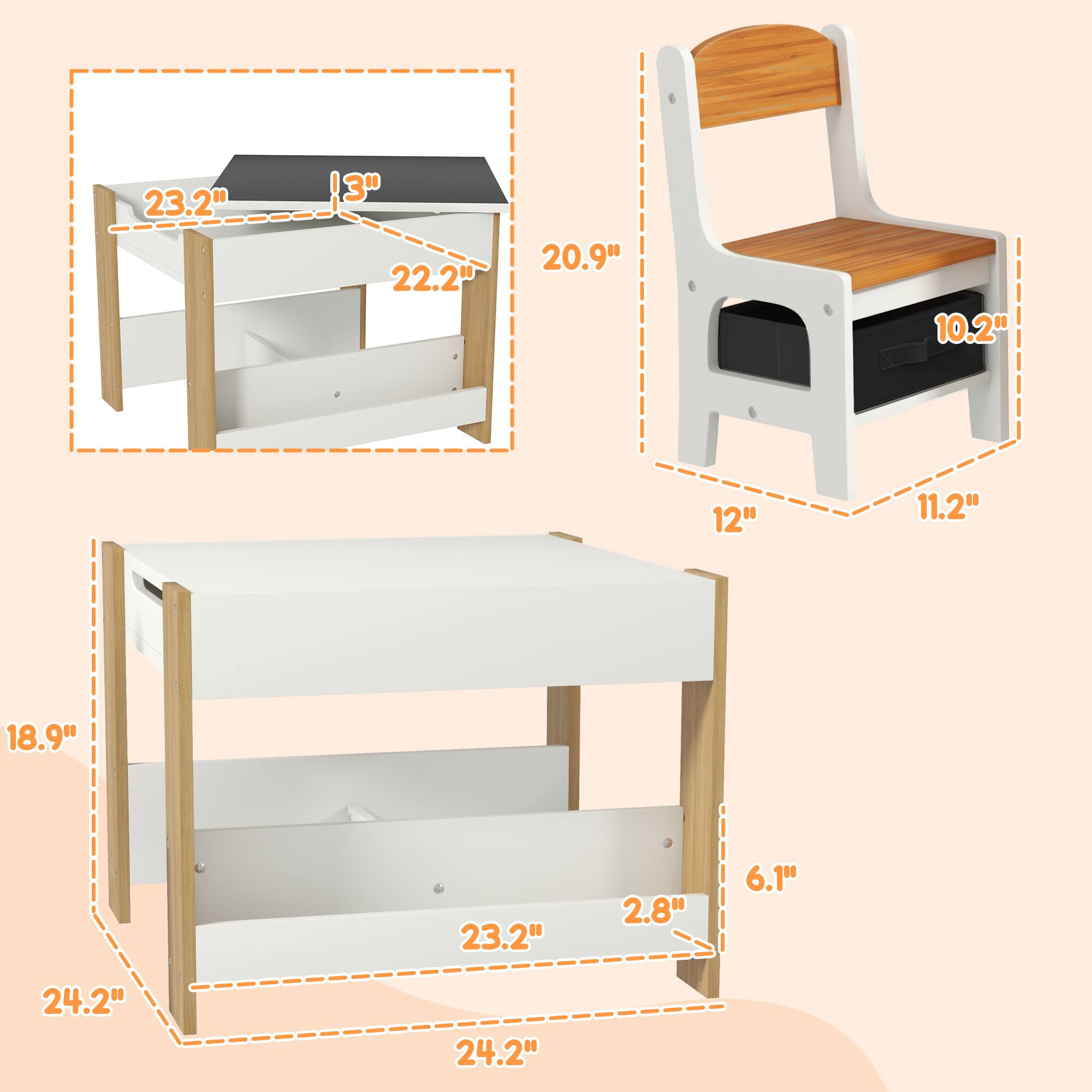 - Table: 23.2" x 13" x 22.2" x 20.9"
- Chair: 12" x 11.2" x 10.2" x 20.9"
- Desk: 24.2" x 24.2" x 18.9" x 6.1" x 2.8"