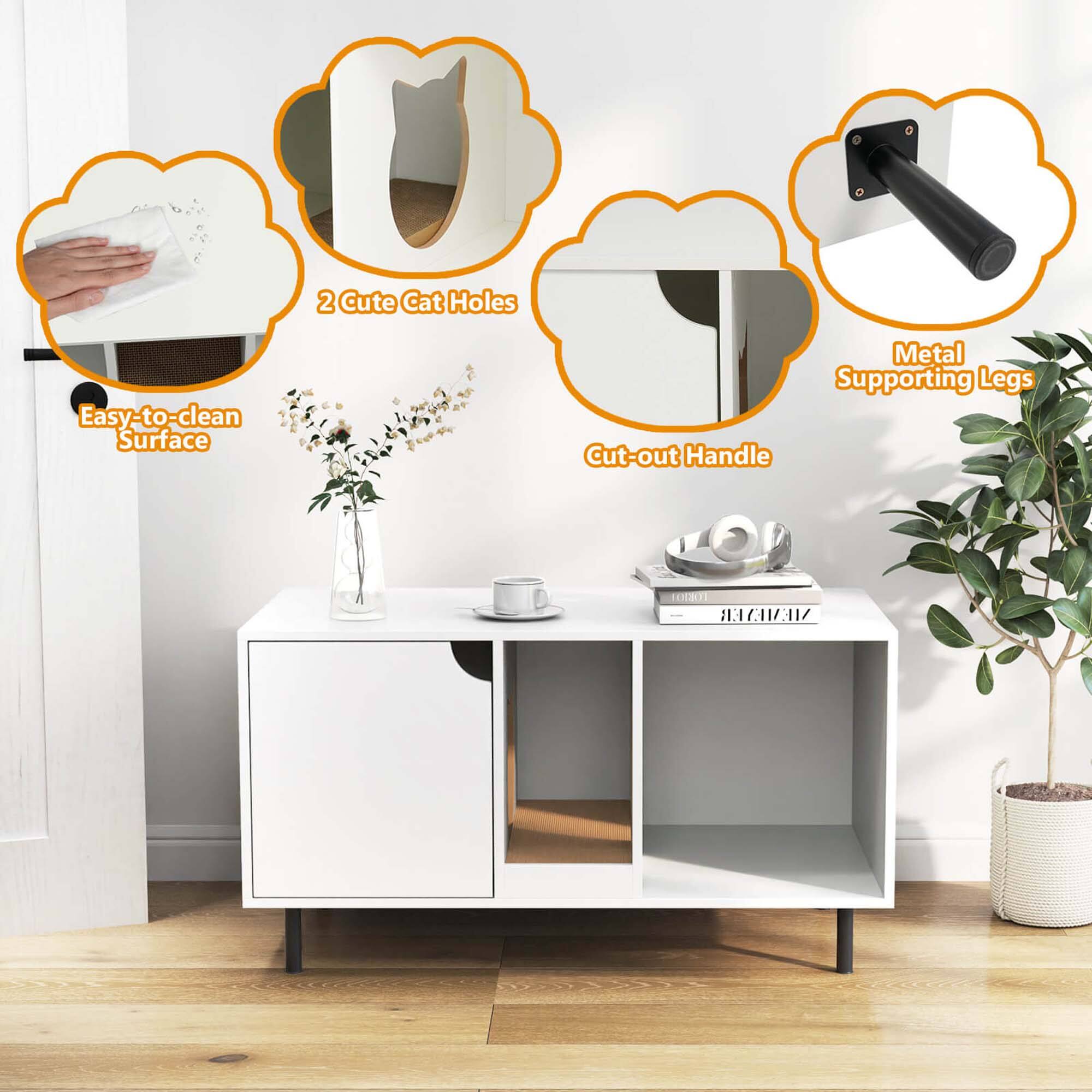 - 2 Cute Cat Holes
- Easy-to-clean Surface
- Metal Supporting Legs
- Cut-out Handle