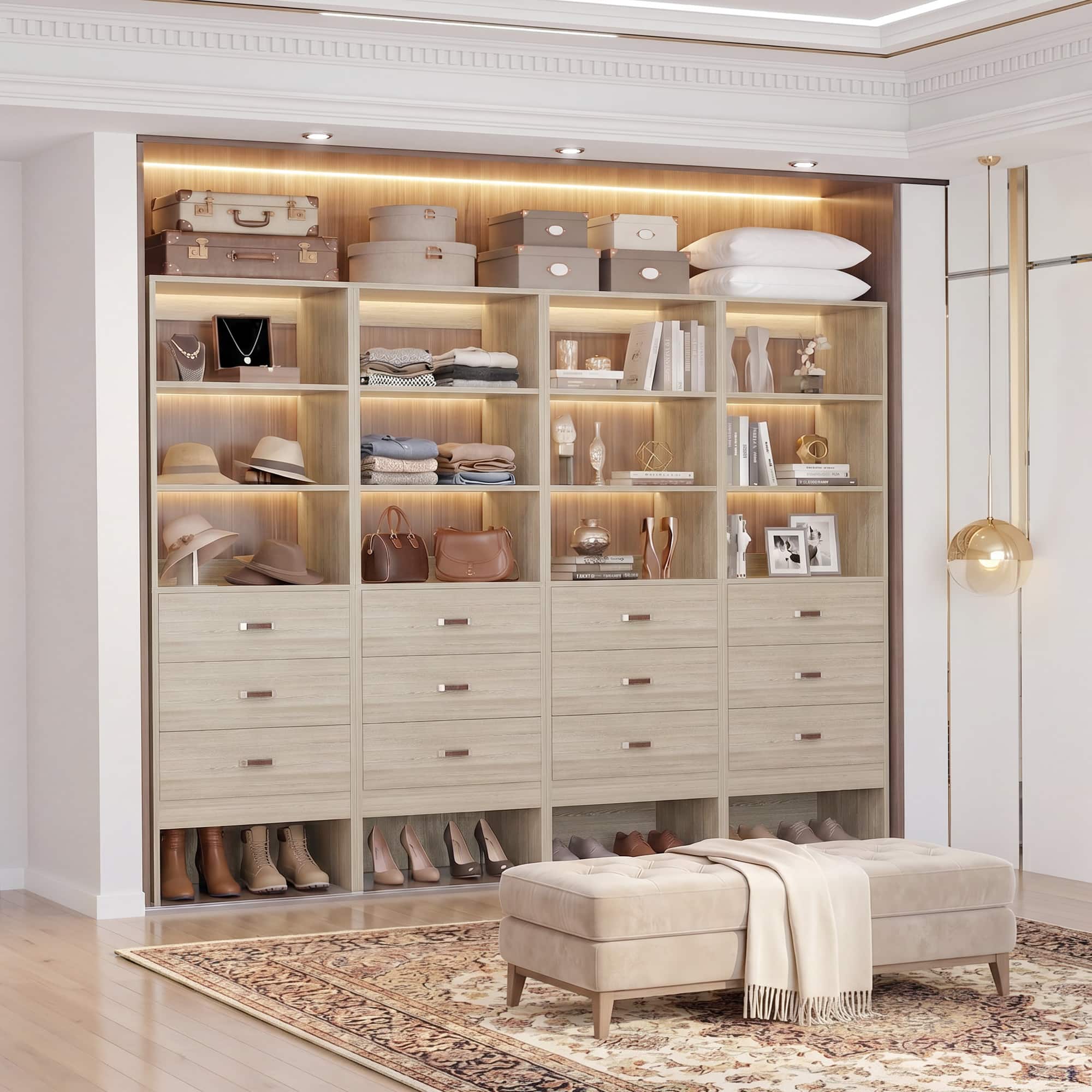 Aheaplus - 96'' Wide Walk-in Closet Organizer System, with 12 Wooden Drawers and Adjustable Shelves, 4-Pack - Beige Oak price history on PriceWatchPro